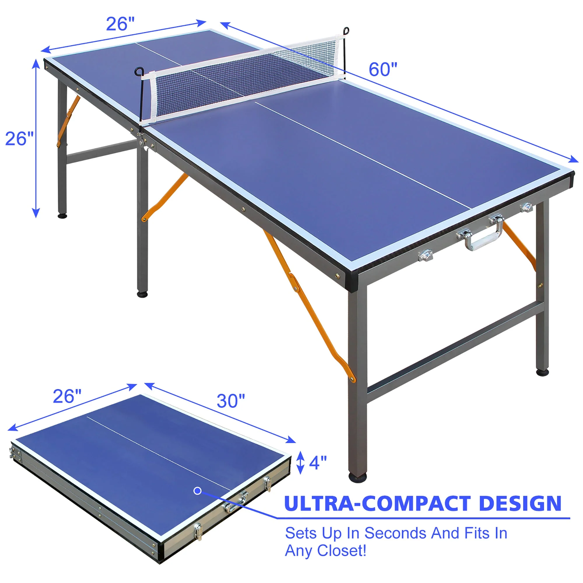 Foldable Ping Pong Table with Net & Paddles Set, Indoor/Outdoor, Blue - Image 3