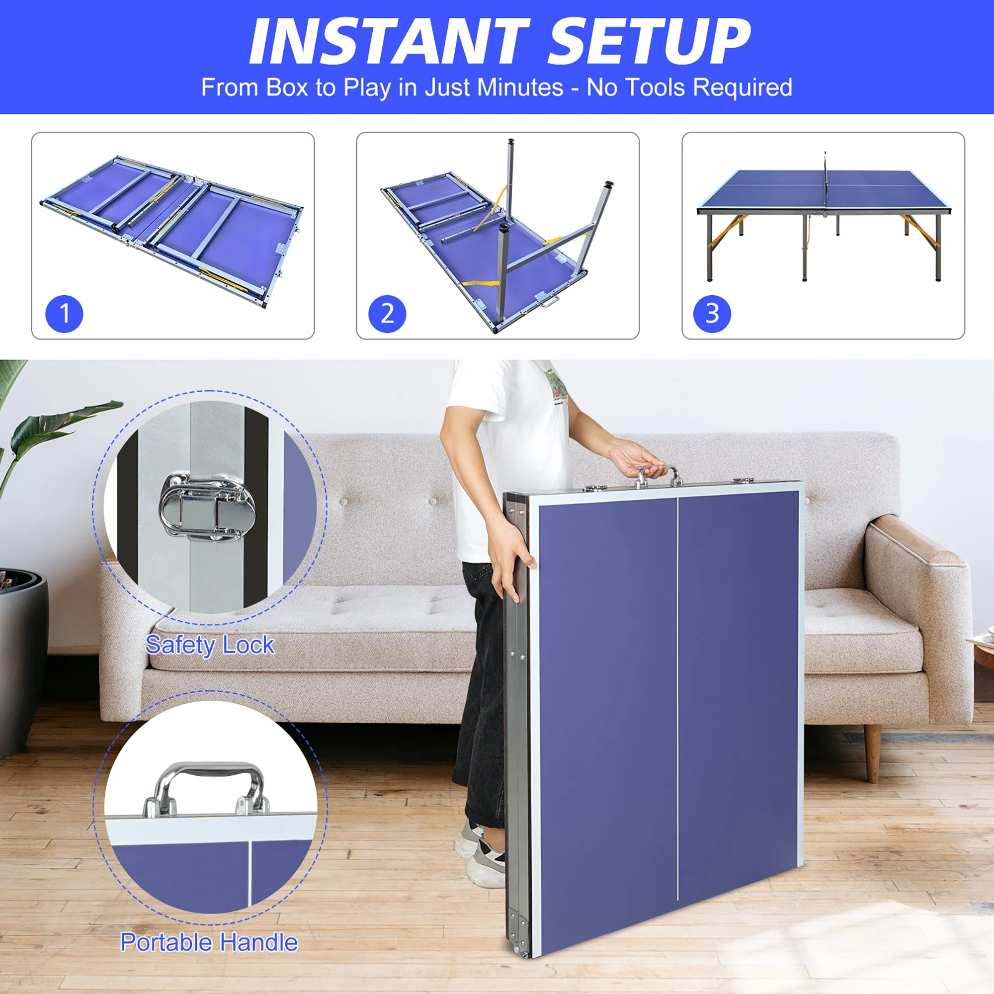 Foldable Ping Pong Table with Net & Paddles Set, Indoor/Outdoor, Blue - Image 5