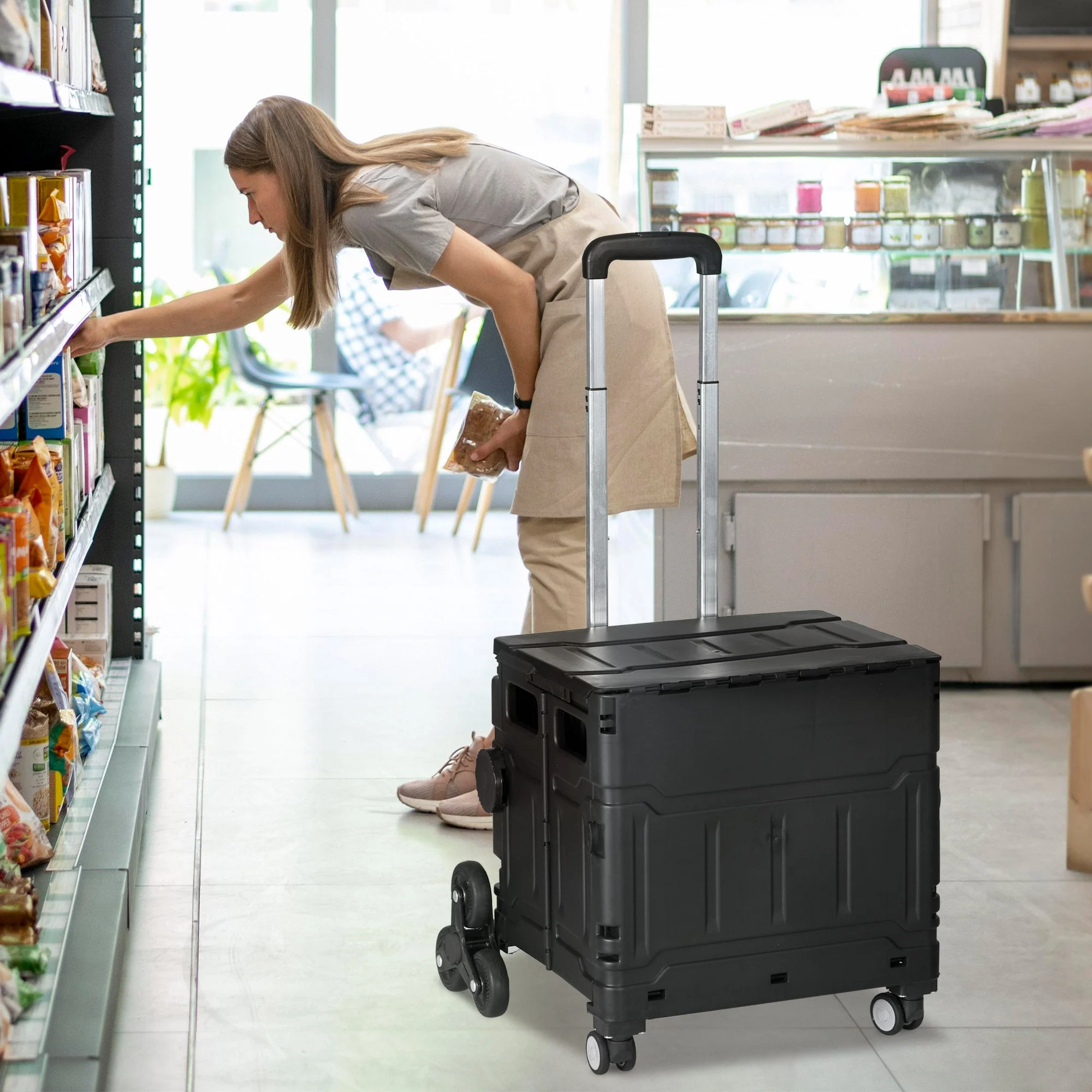 Foldable shopping trolley, 80 kg portable, adjustable handle, stair climber, with lid - Image 2