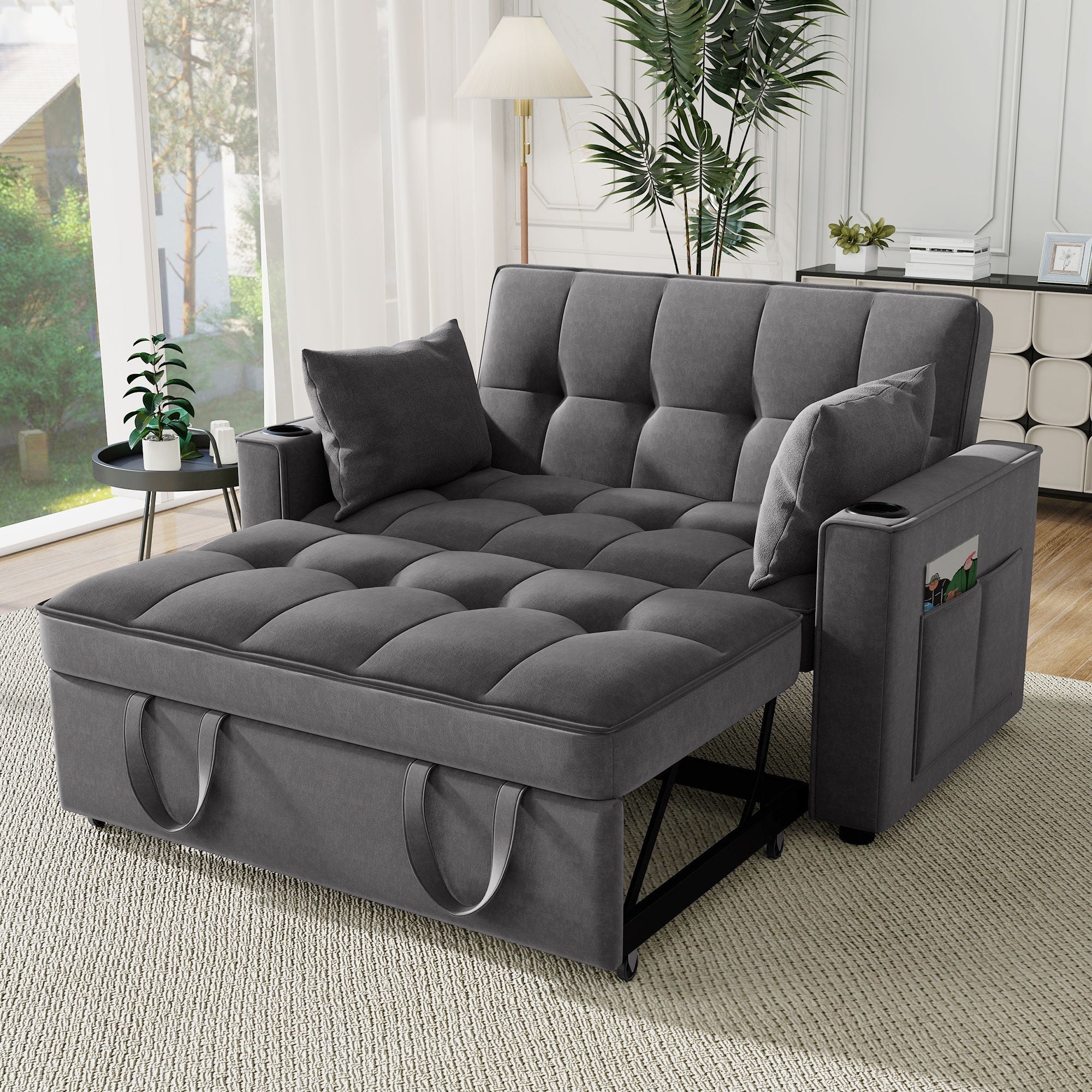 Foldable Sofa Bed, Multifunctional Sleeping Function Cup Holder Cushions - Image 2