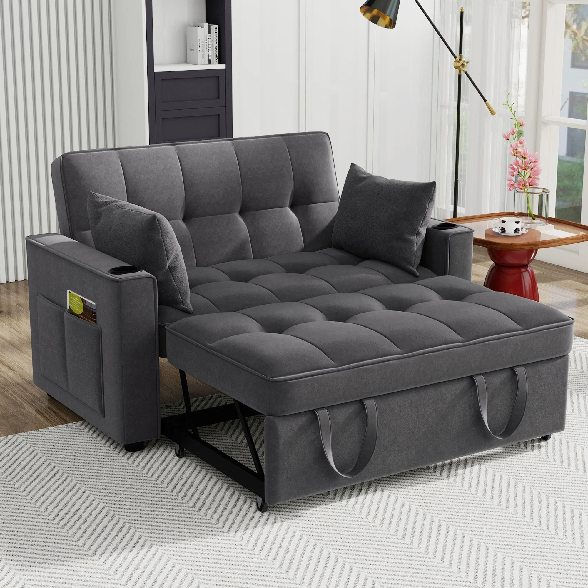 Foldable Sofa Bed, Multifunctional Sleeping Function Cup Holder Cushions - Image 3