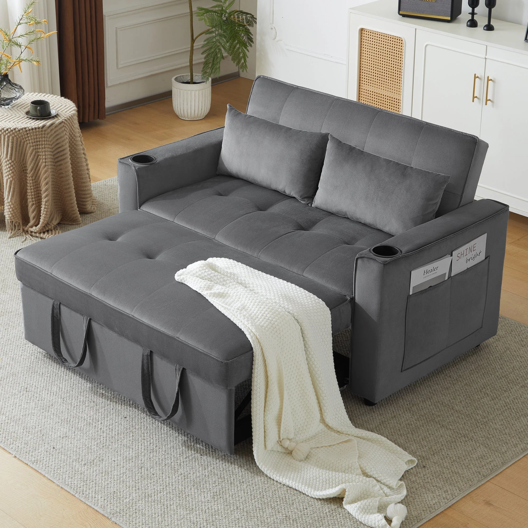 Foldable Sofa Bed, Multifunctional Sleeping Function Cup Holder Cushions - Image 4