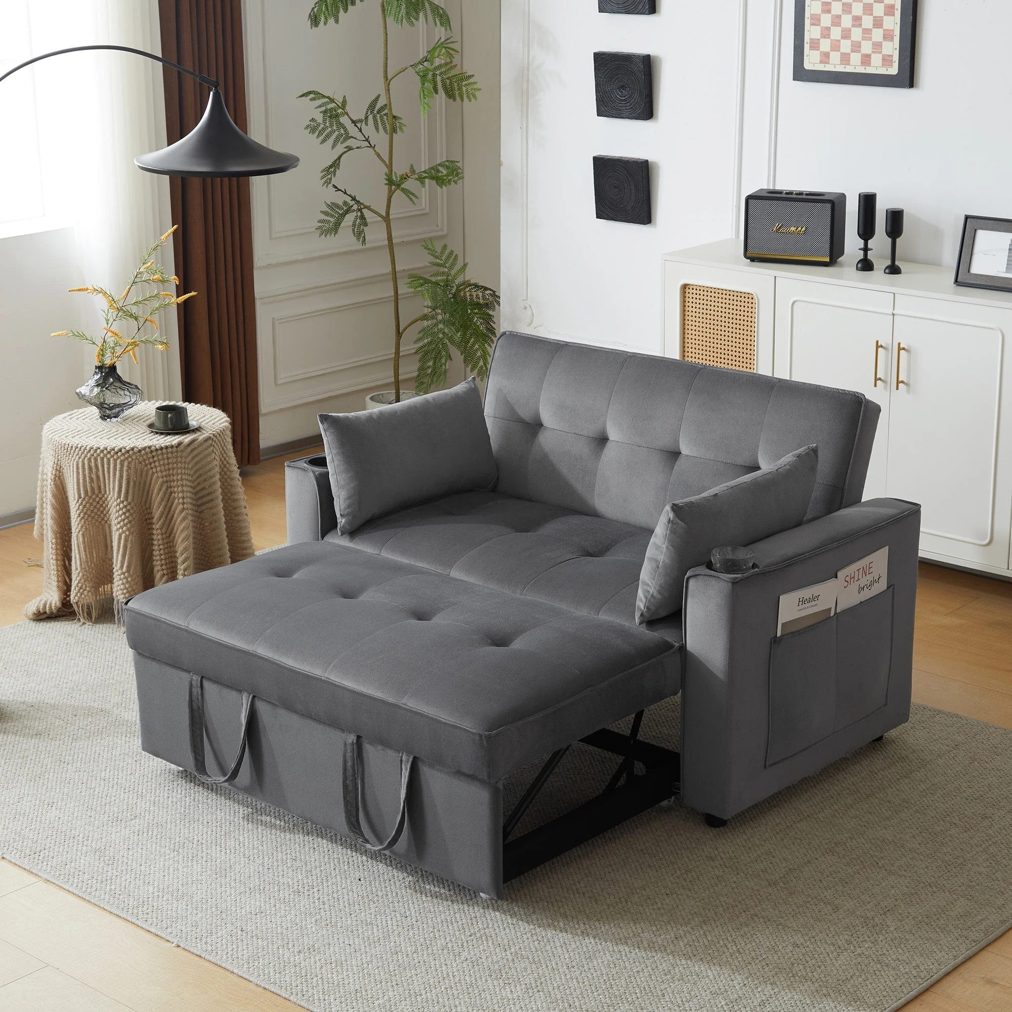 Foldable Sofa Bed, Multifunctional Sleeping Function Cup Holder Cushions - Image 5