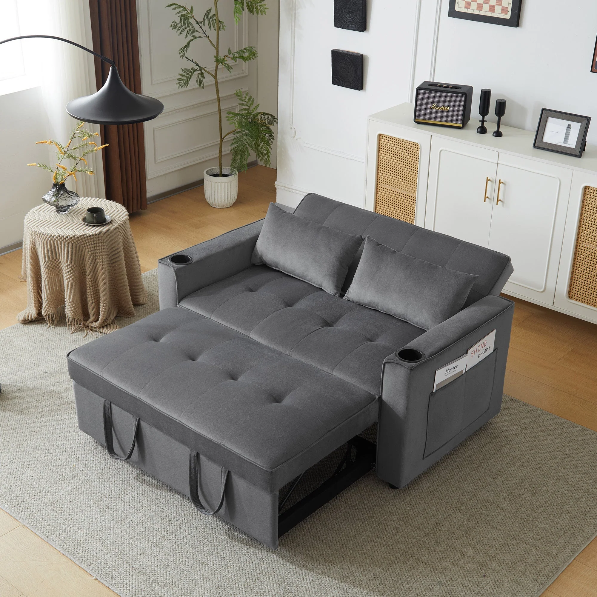 Foldable Sofa Bed, Multifunctional Sleeping Function Cup Holder Cushions - Image 6