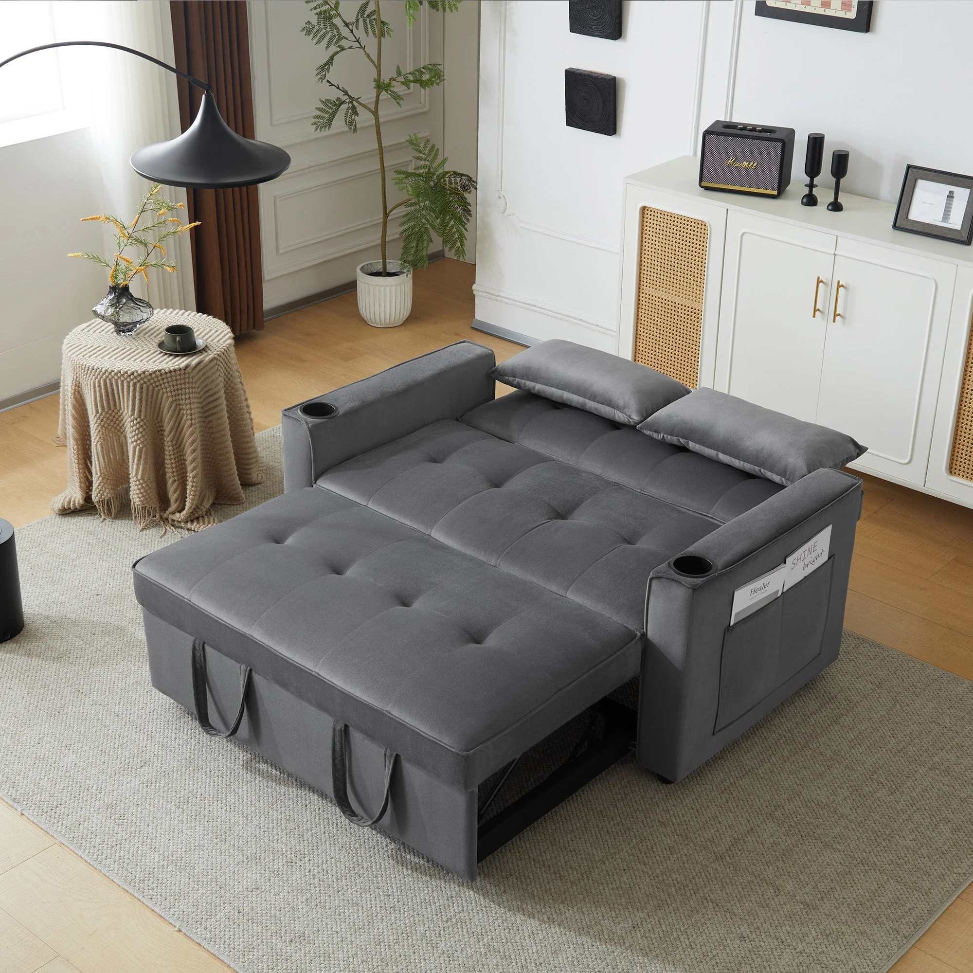 Foldable Sofa Bed, Multifunctional Sleeping Function Cup Holder Cushions - Image 7