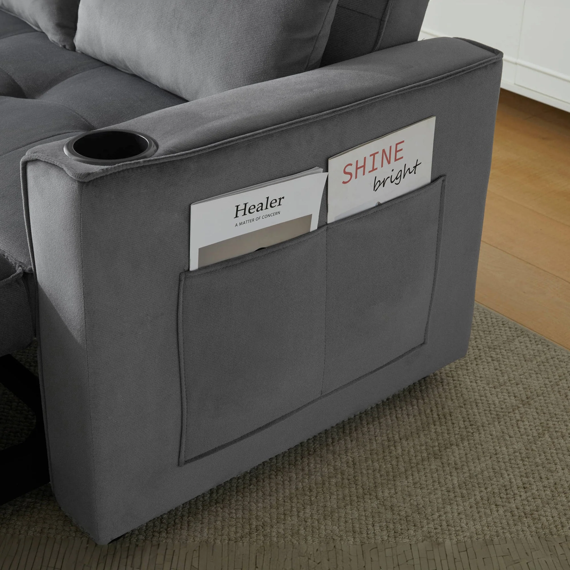 Foldable Sofa Bed, Multifunctional Sleeping Function Cup Holder Cushions - Image 8