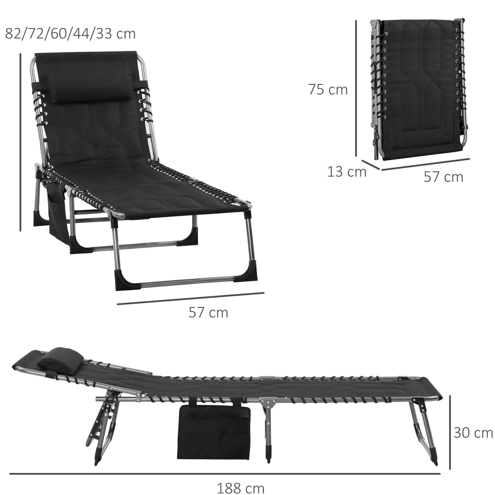 Foldable Sun Lounger with Cushion, 5-Position Adjustable Backrest, Steel Frame, Oxford Fabric Black - Image 3
