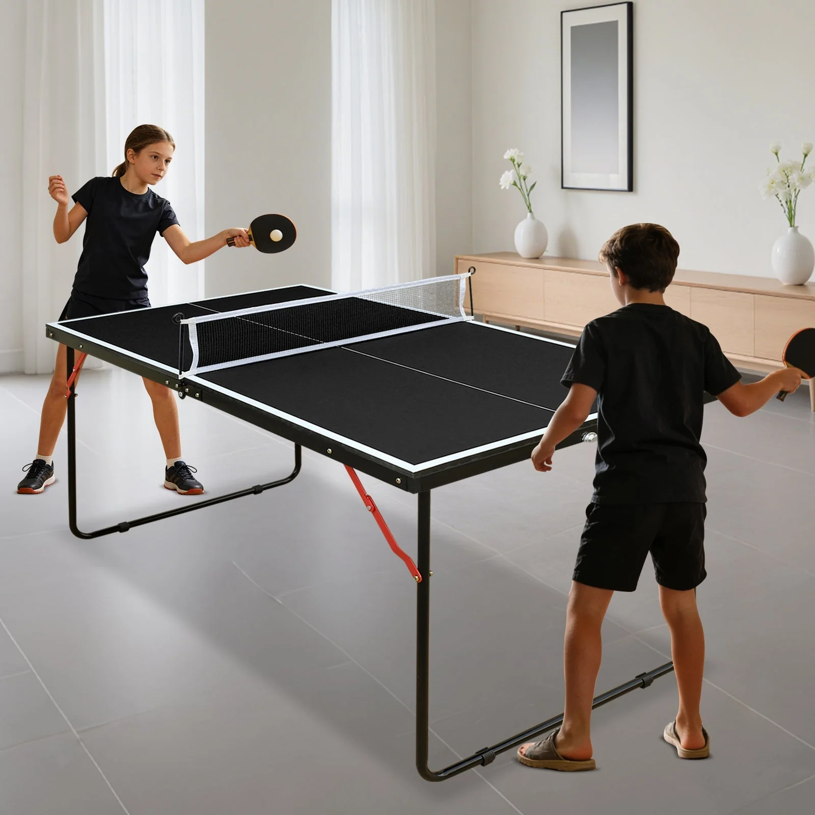 Foldable Table Tennis Table with Net, Paddles and Balls, 4.5FT Portable, Black - Image 8