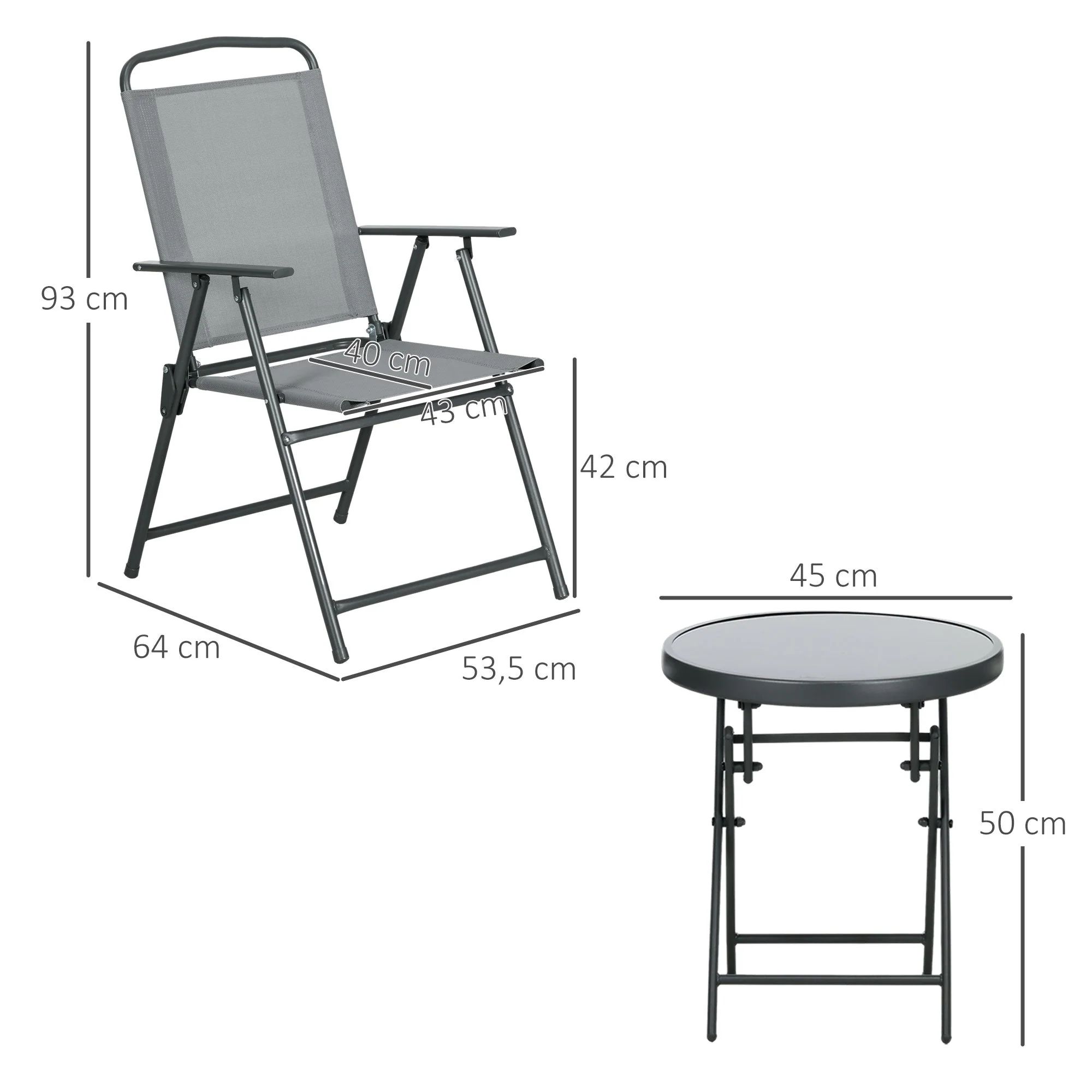Folding Bistro Set, 3-Piece Table & 2 Chairs, Durable Steel & Mesh, Light Grey - Image 3