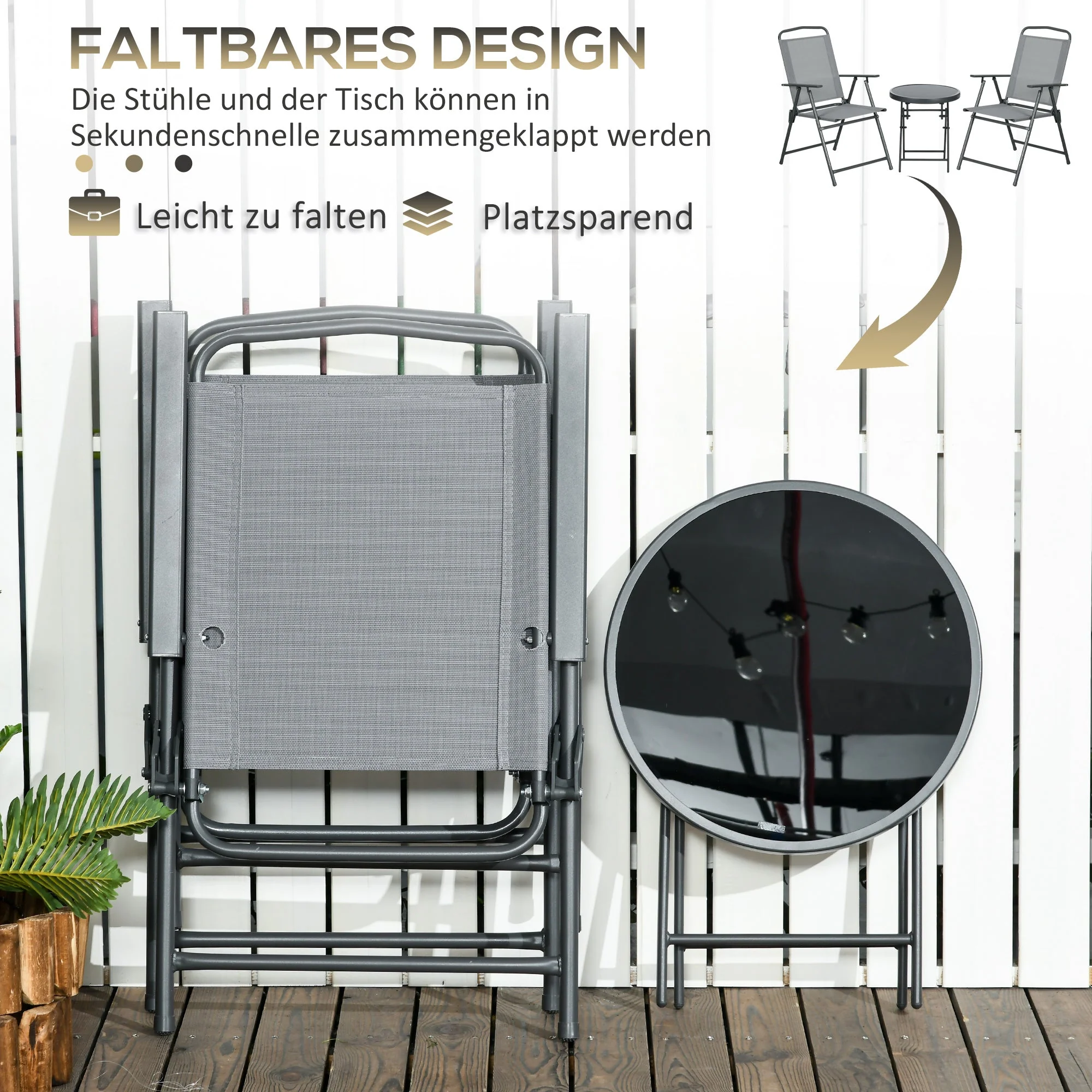 Folding Bistro Set, 3-Piece Table & 2 Chairs, Durable Steel & Mesh, Light Grey - Image 4