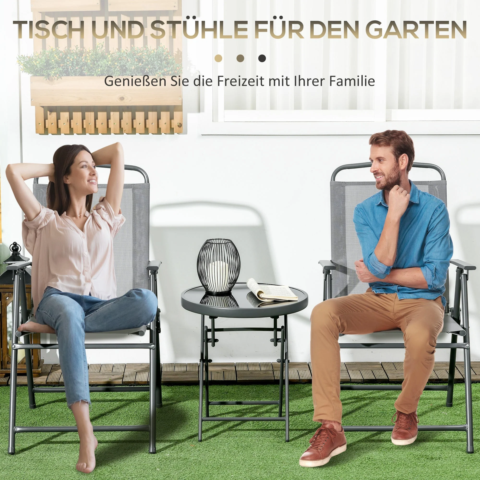 Folding Bistro Set, 3-Piece Table & 2 Chairs, Durable Steel & Mesh, Light Grey - Image 5