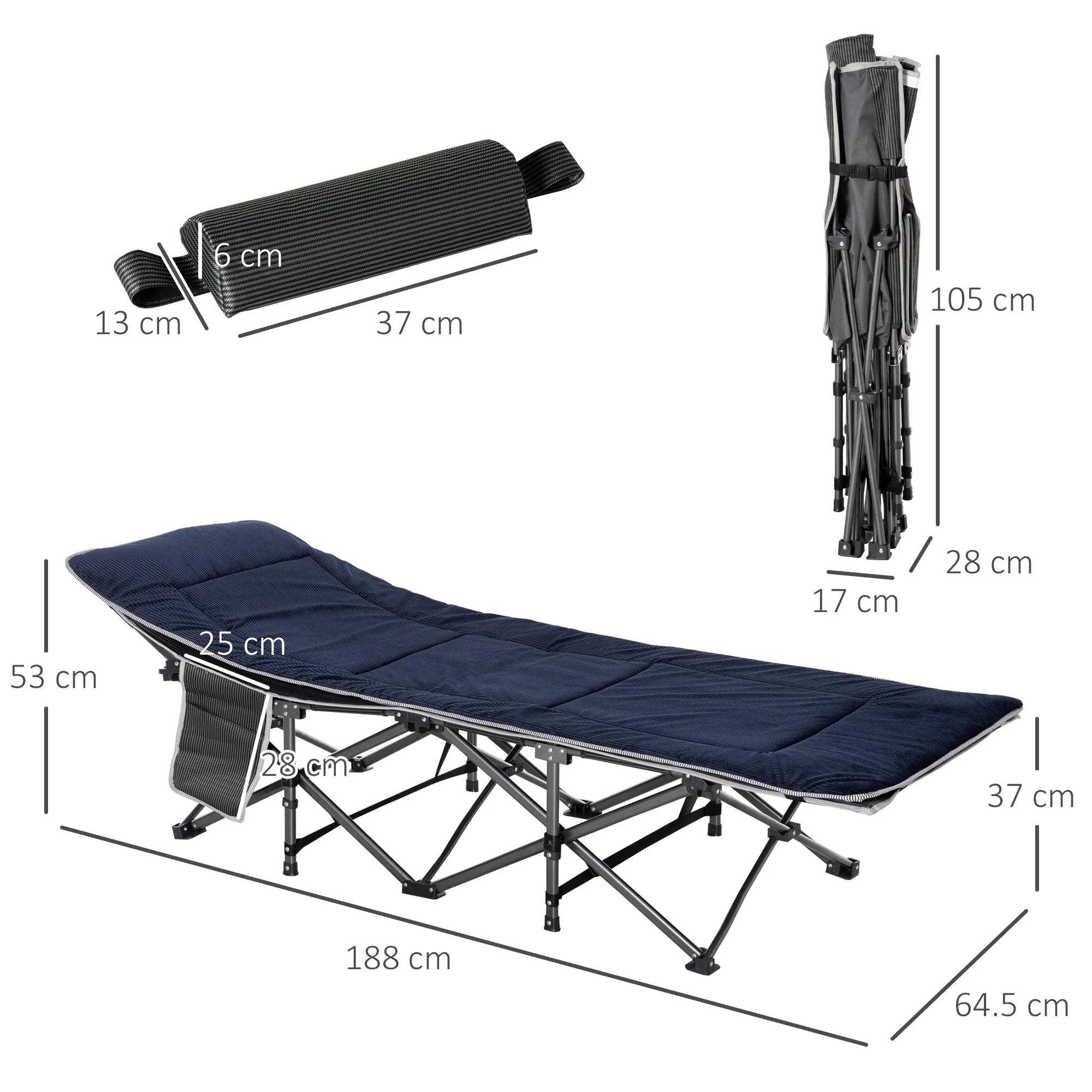 Folding Camping Bed, Portable Guest Bed with Pillow & Side Pocket 150kg, Oxford Dark Blue/Grey - Image 3
