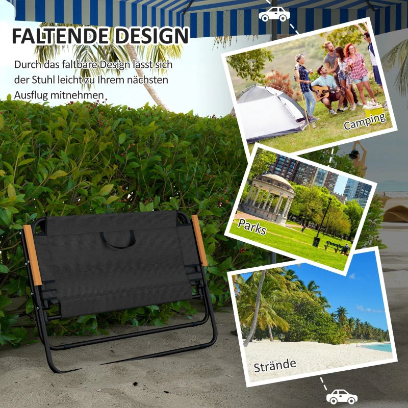 Folding Chair, Breathable Wood-Plastic Armrests 108x65x73cm, Black-Natural - Image 4