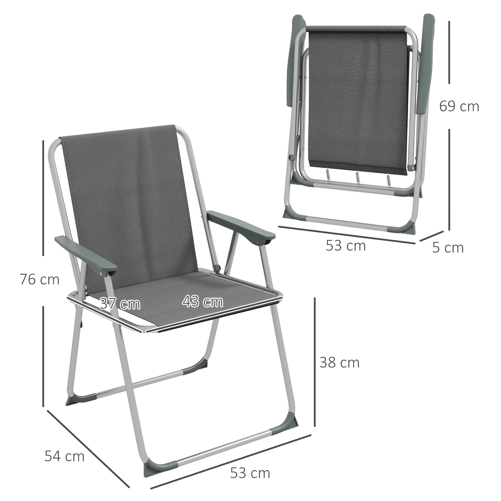 Folding Chair Set of 4, Foldable Garden Camping with Backrest Armrest, Oxford Grey - Image 3