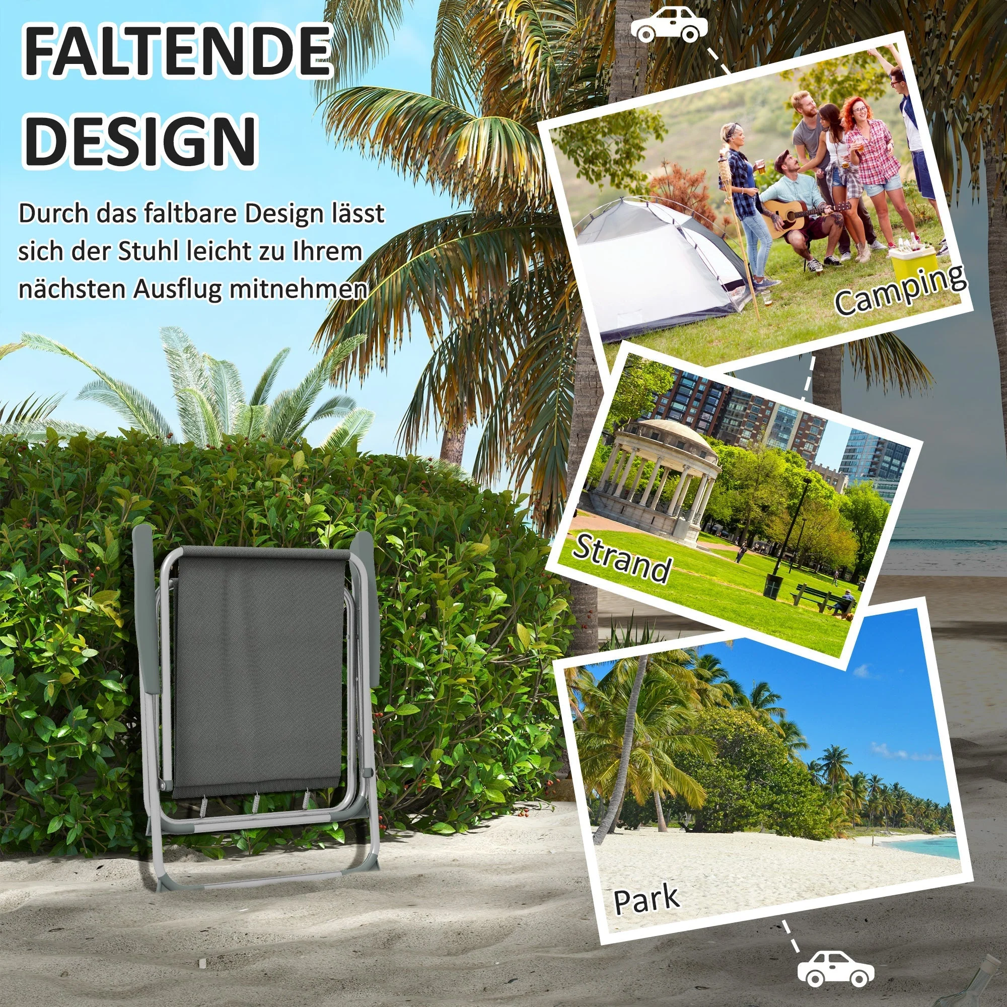 Folding Chair Set of 4, Foldable Garden Camping with Backrest Armrest, Oxford Grey - Image 4