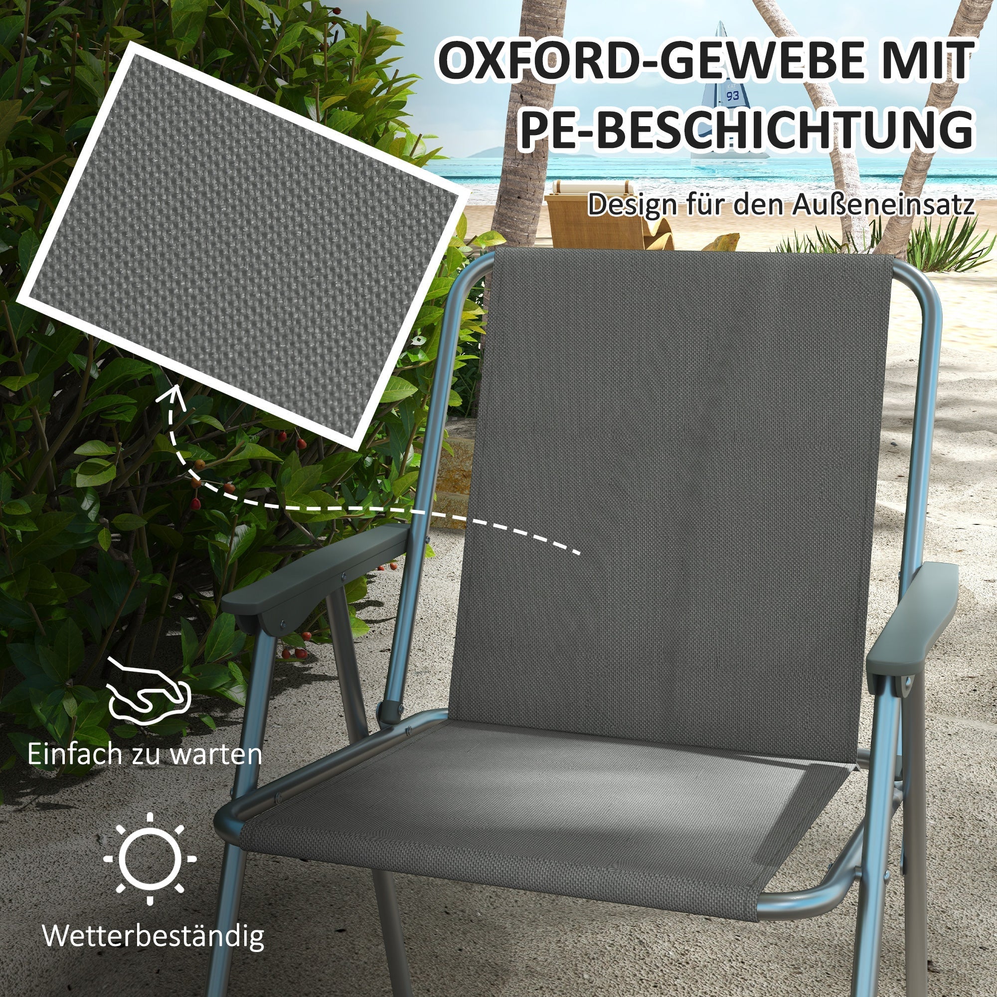 Folding Chair Set of 4, Foldable Garden Camping with Backrest Armrest, Oxford Grey - Image 5