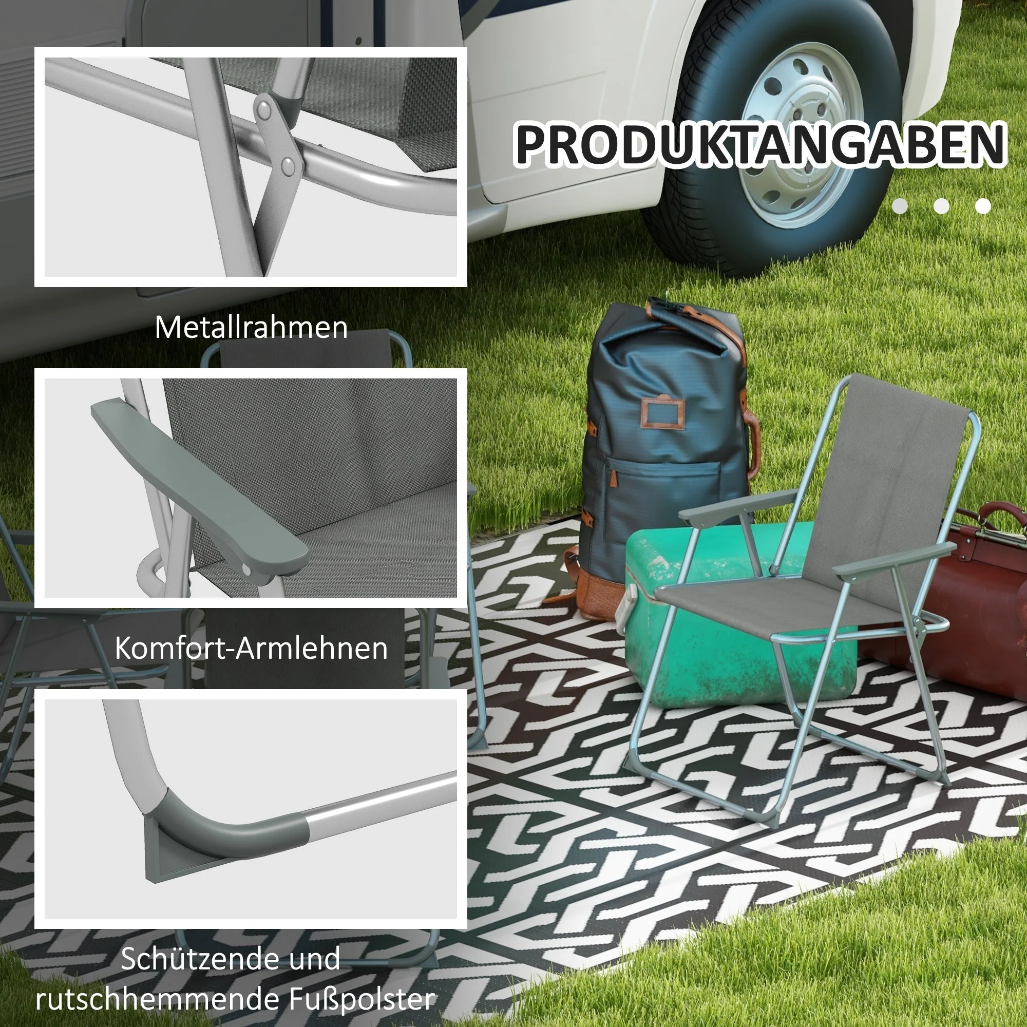Folding Chair Set of 4, Foldable Garden Camping with Backrest Armrest, Oxford Grey - Image 6