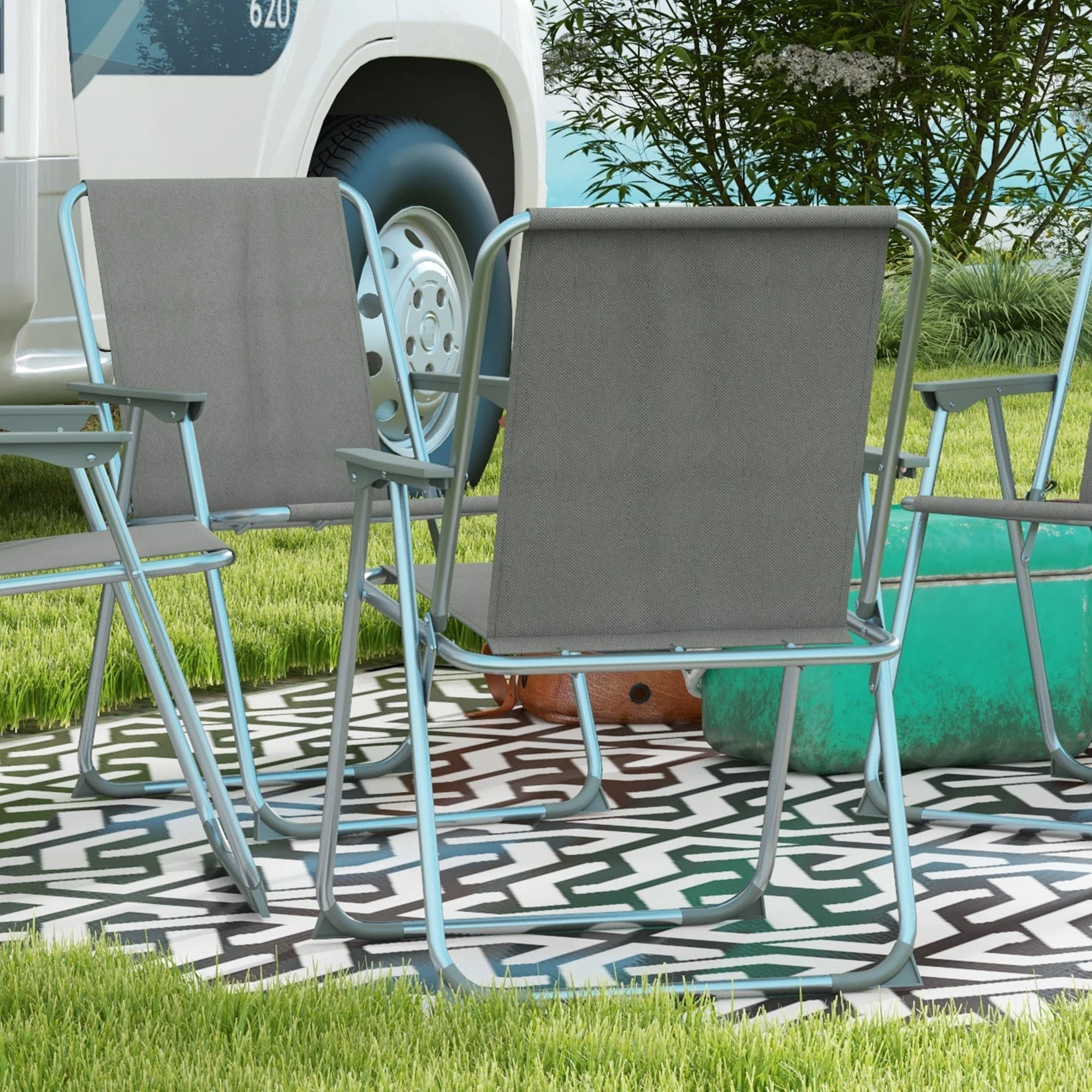 Folding Chair Set of 4, Foldable Garden Camping with Backrest Armrest, Oxford Grey - Image 7