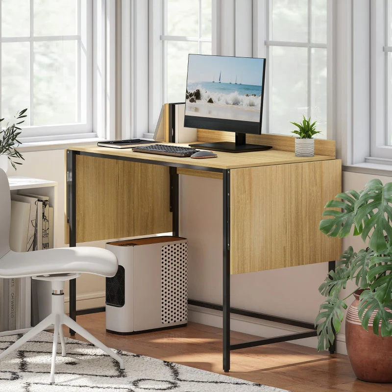 Folding Computer Desk with 2 Pull-out Panels and Sturdy Metal Legs, Oak+Black - Image 5