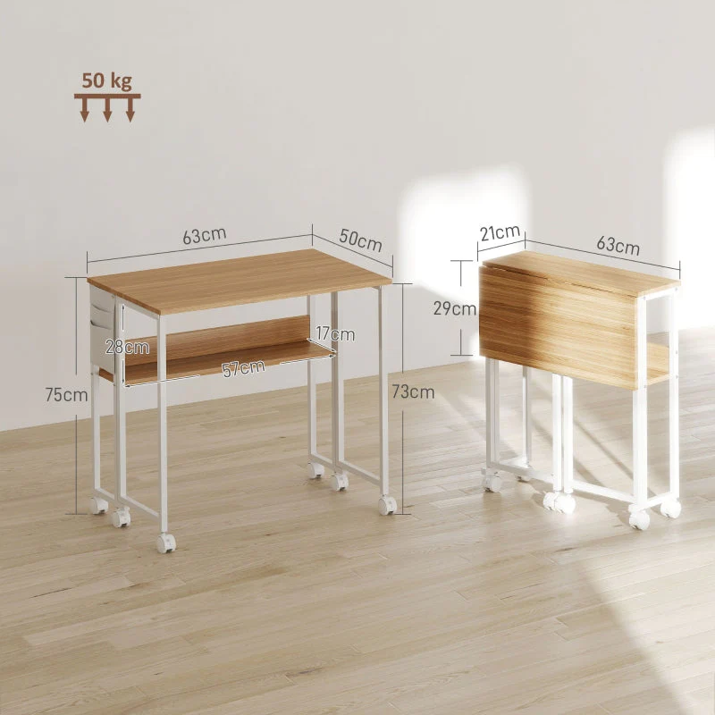 Folding Desk small 63 cm with wheels, shelf, storage bag, natural - Image 3