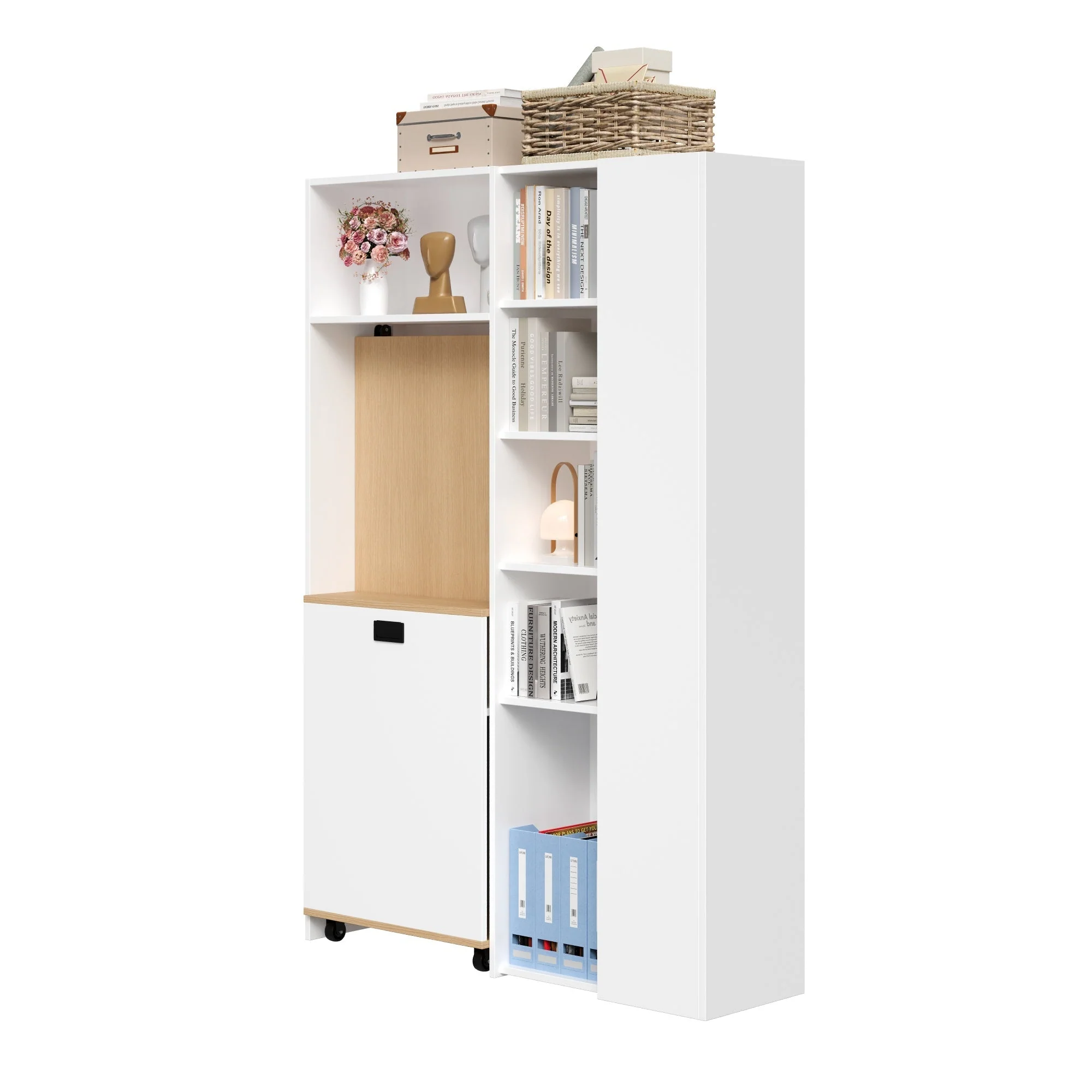 Folding Desk with Shelves, 2-in-1 Bookshelf, USB, Adjustable, White - Image 10