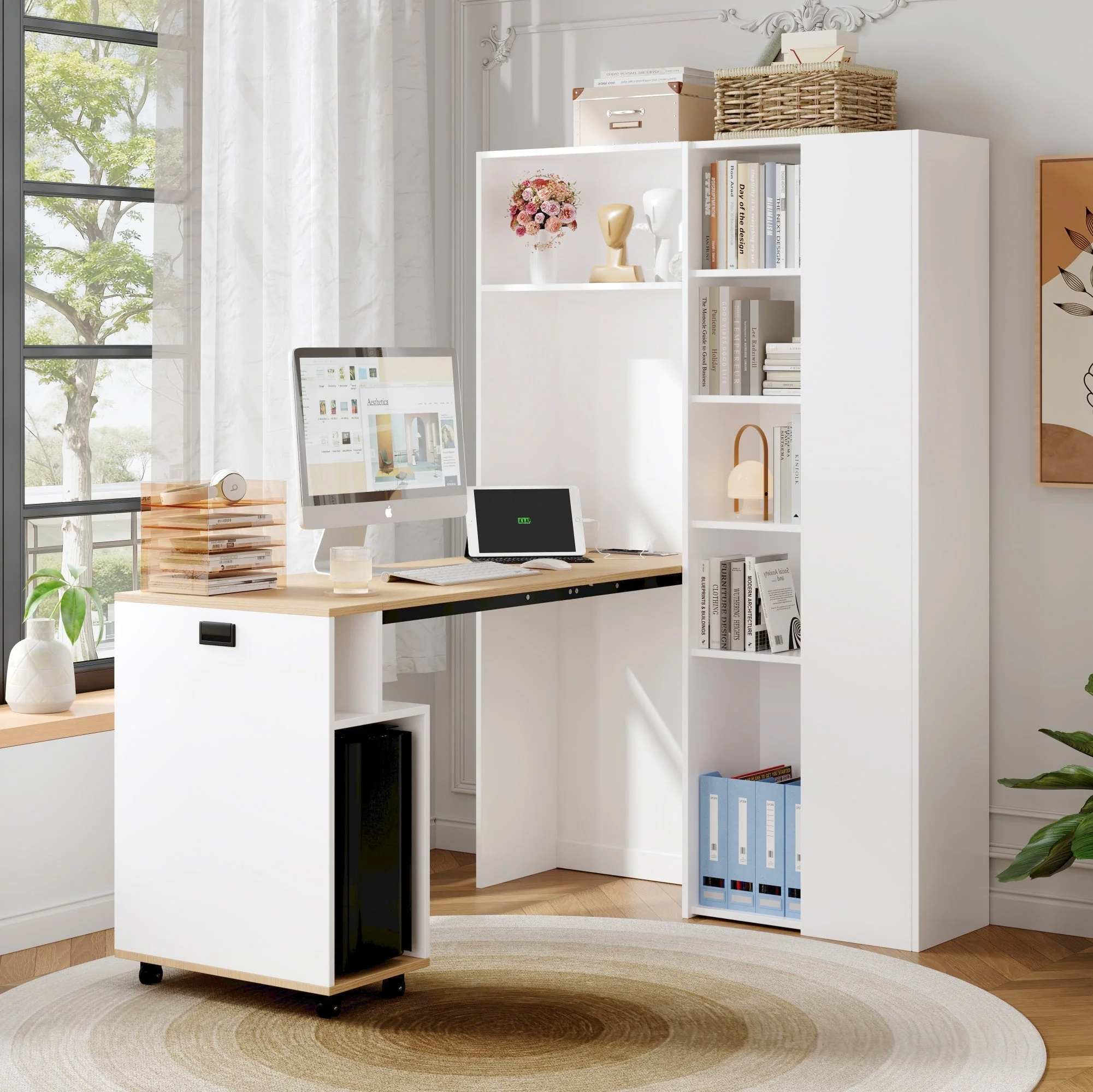 Folding Desk with Shelves, 2-in-1 Bookshelf, USB, Adjustable, White - Image 2