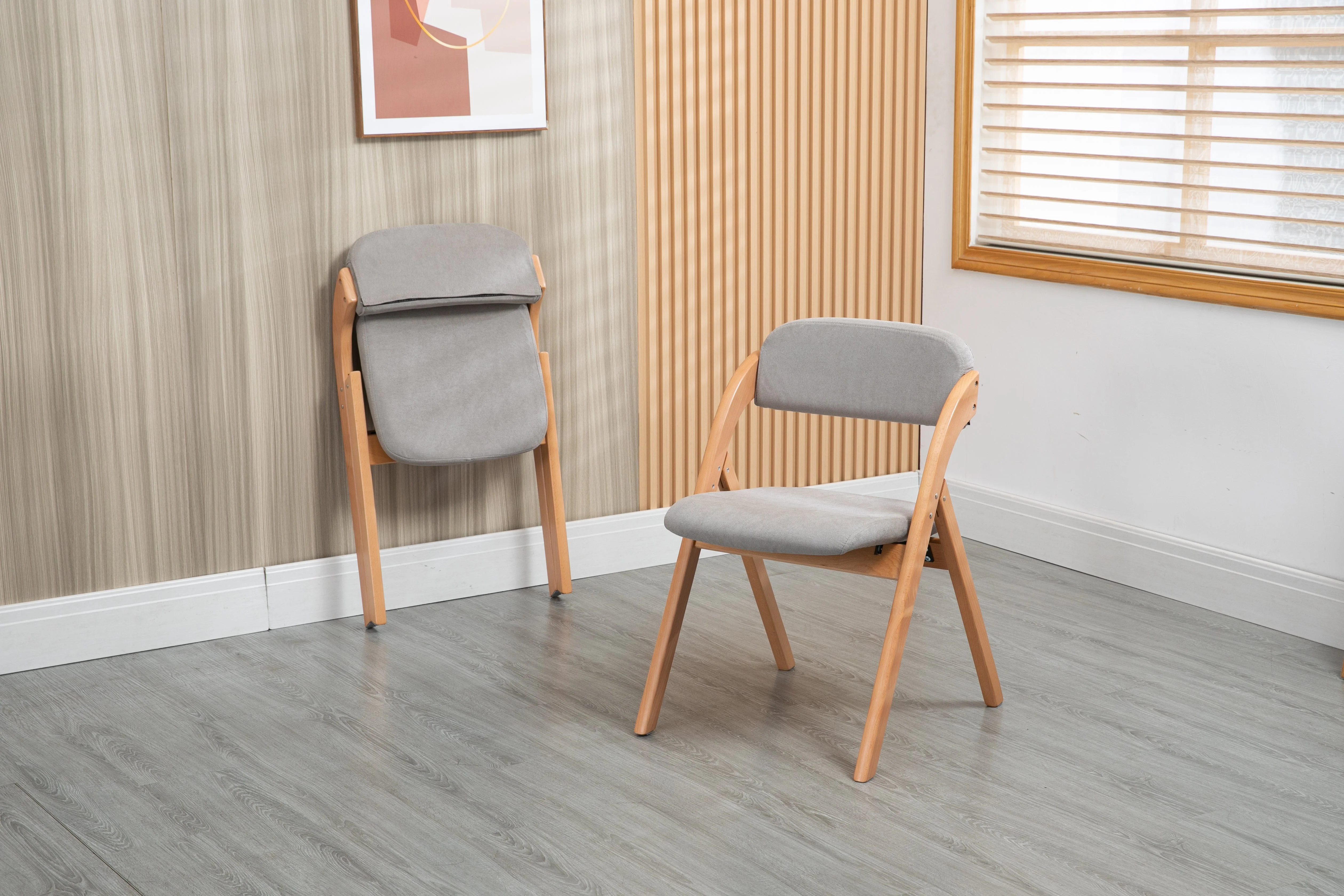Folding Dining Chairs Set of 2 Padded Stackable Wooden Removable Cover Grey - Image 3