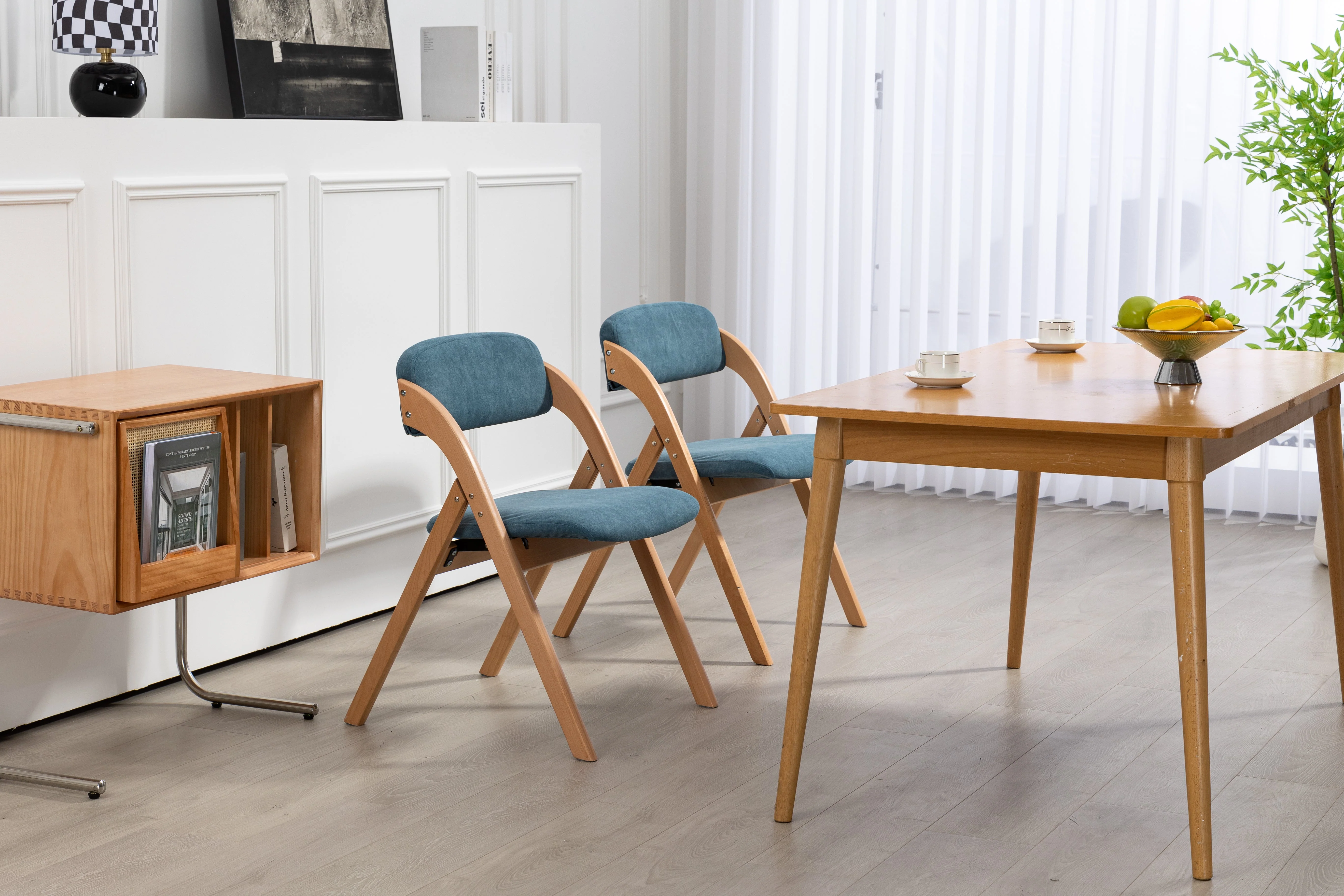 Folding Dining Chairs Set of 2 Stackable Wooden Padded Seats Blue - Image 3