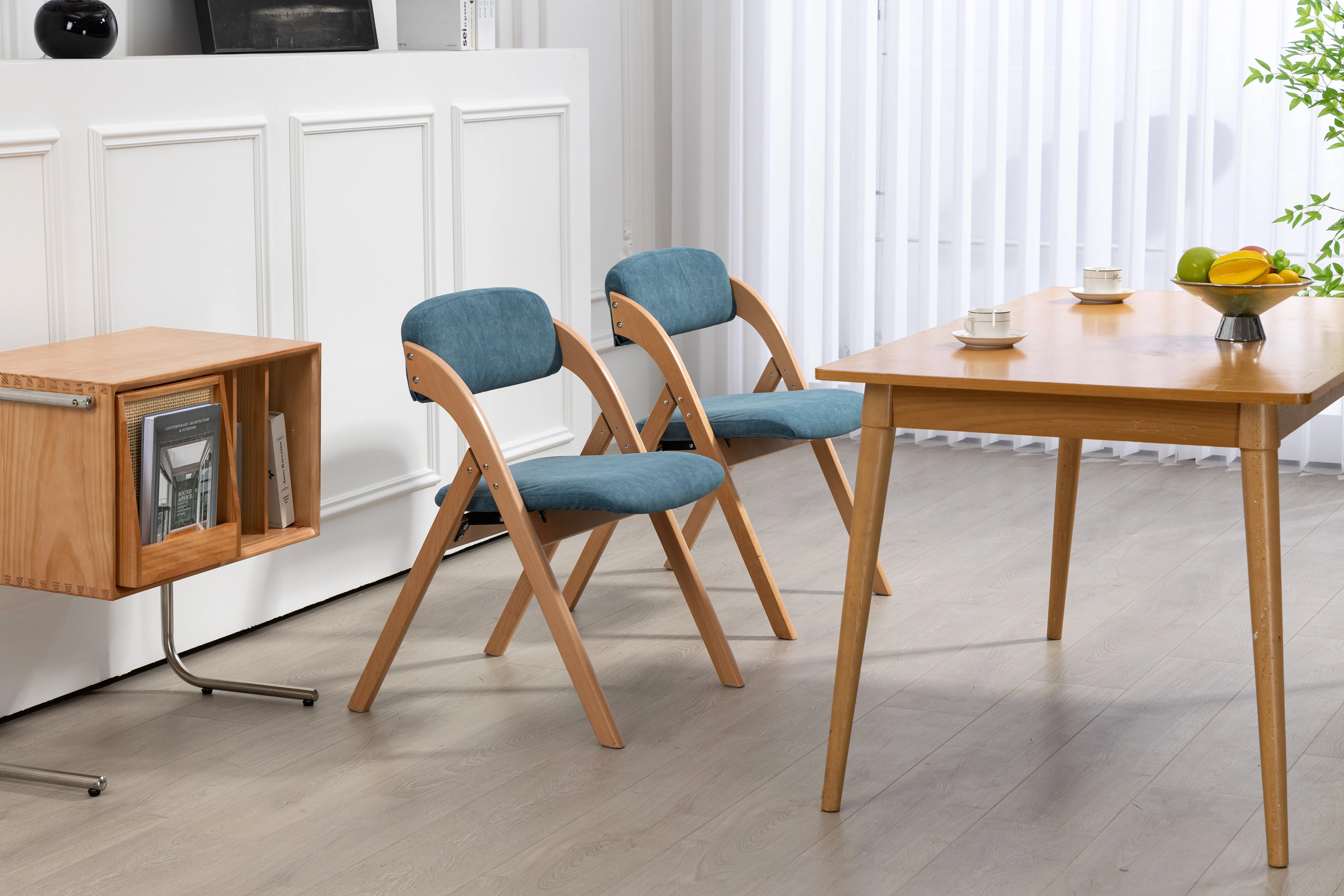 Folding Dining Chairs Set of 2 Stackable Wooden Padded Seats Blue - Image 5