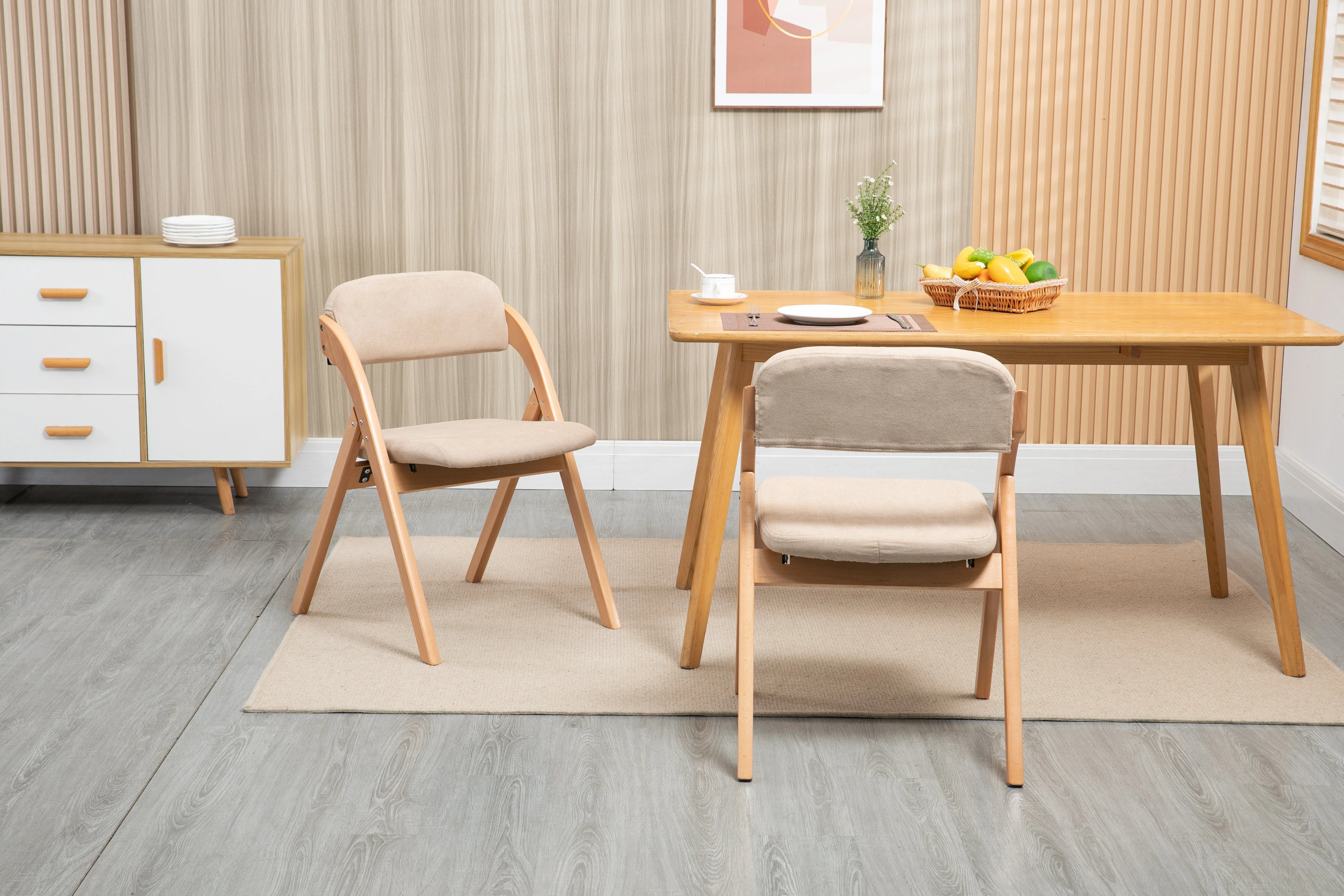 Folding Dining Chairs - Set of 2, Wooden Stackable, Padded Seats, Removable Cover - Khaki - Image 5
