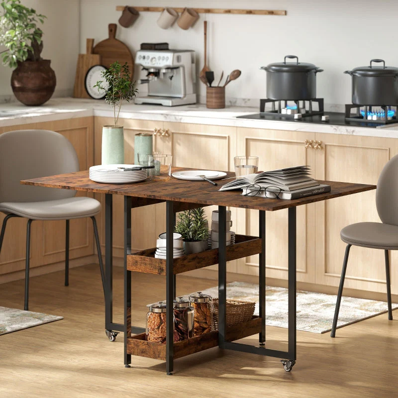 Folding Dining/Kitchen Table for 2-4 People, 2 Open Shelves, Portable, Rustic Brown - Image 2