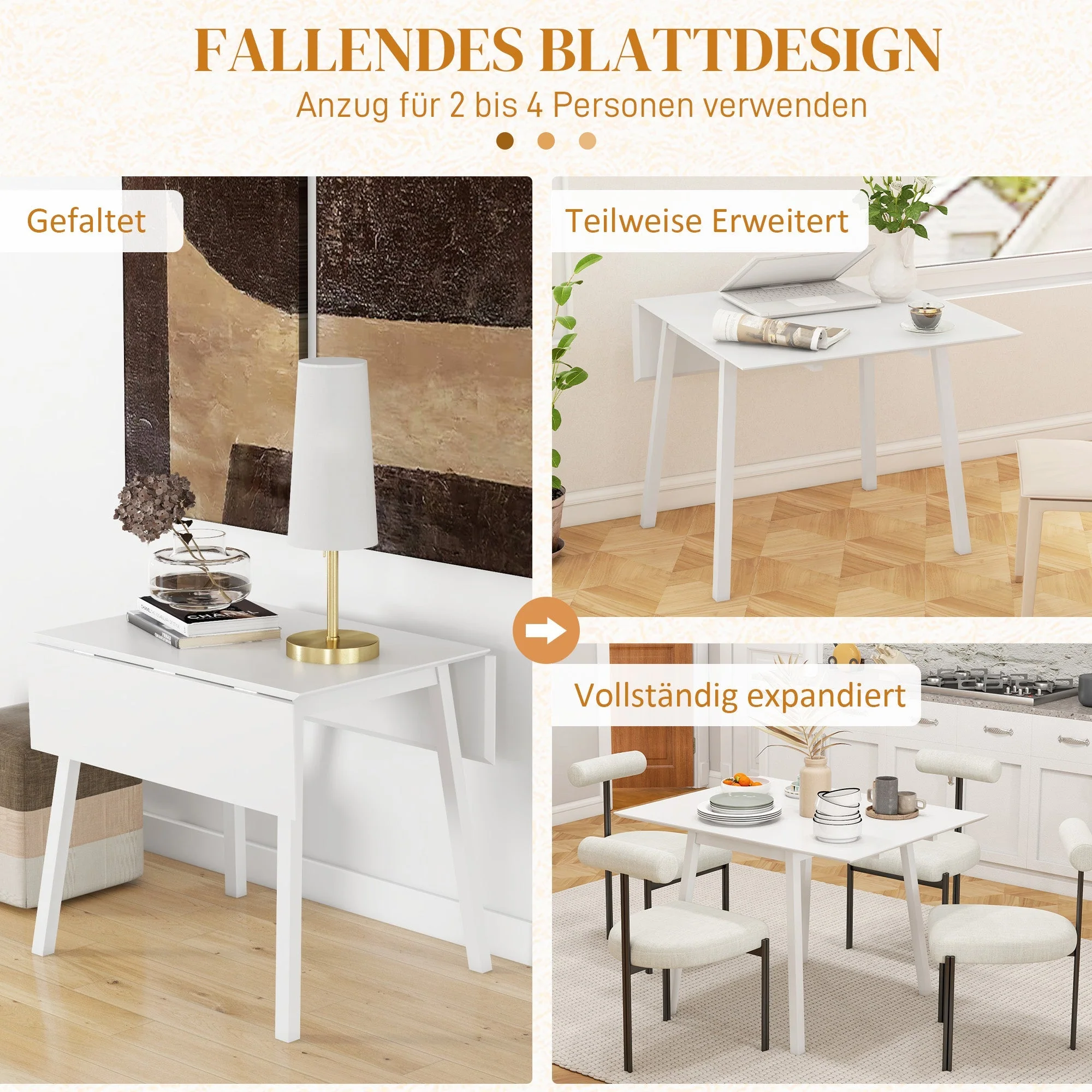 Folding Dining Table, 2-4 Person, Wooden, White - Image 4