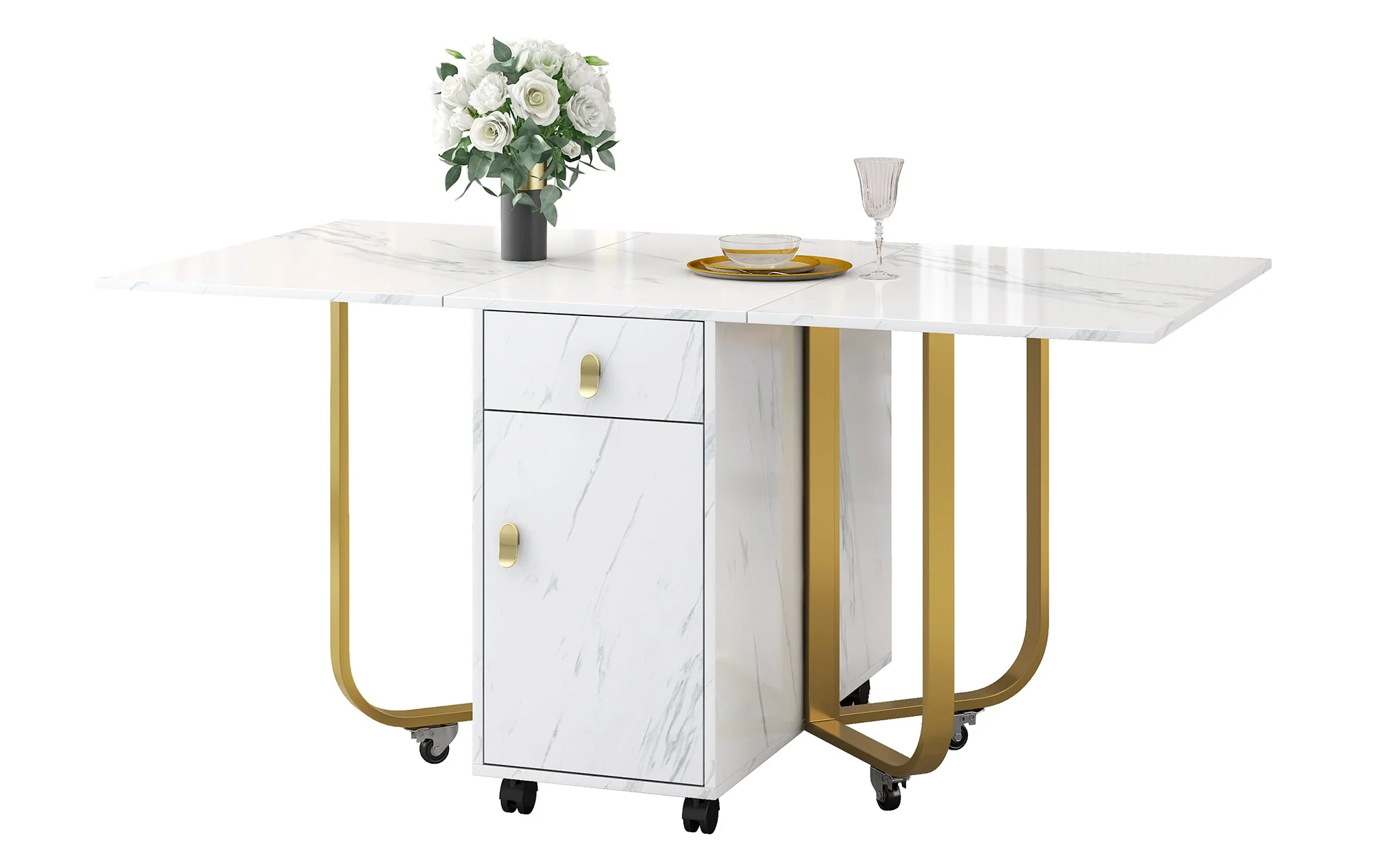Folding Dining Table, Cabinet & 2 Drawers, Space-Saving, White/Gold - Image 7