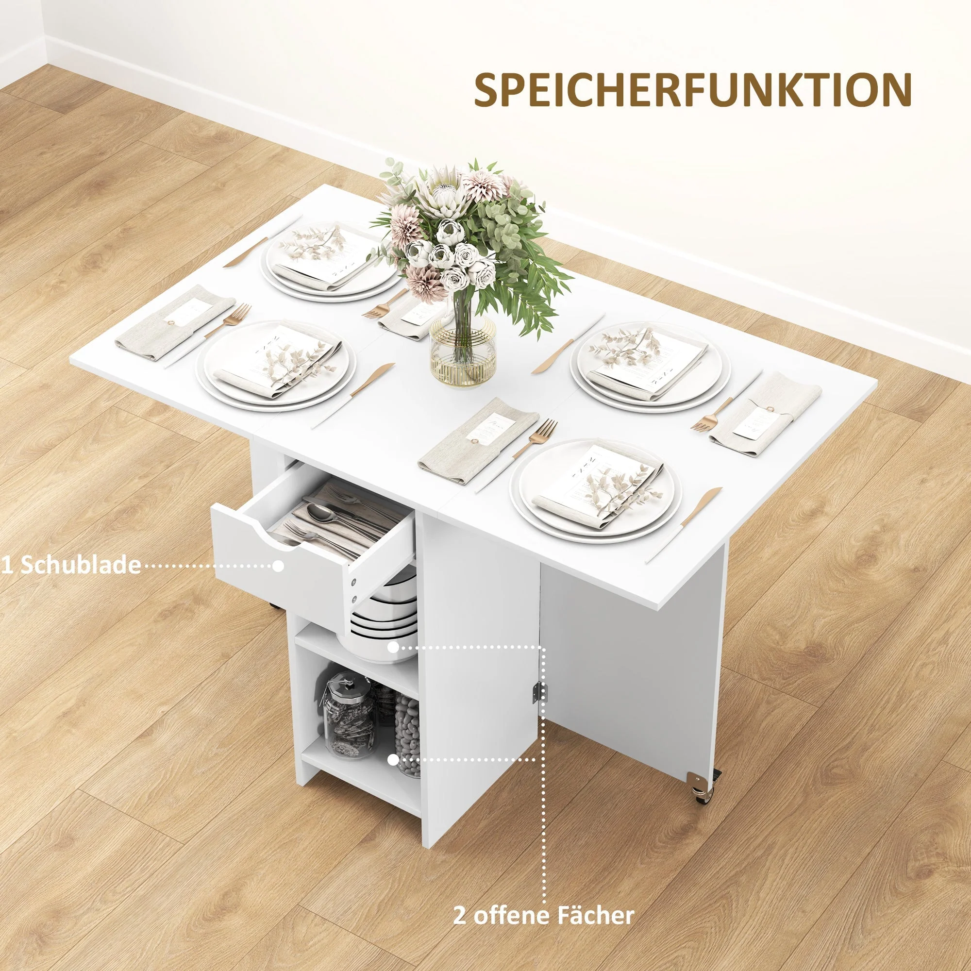 Folding Dining Table, Mobile 2-4 Person Storage Table, White - Image 6
