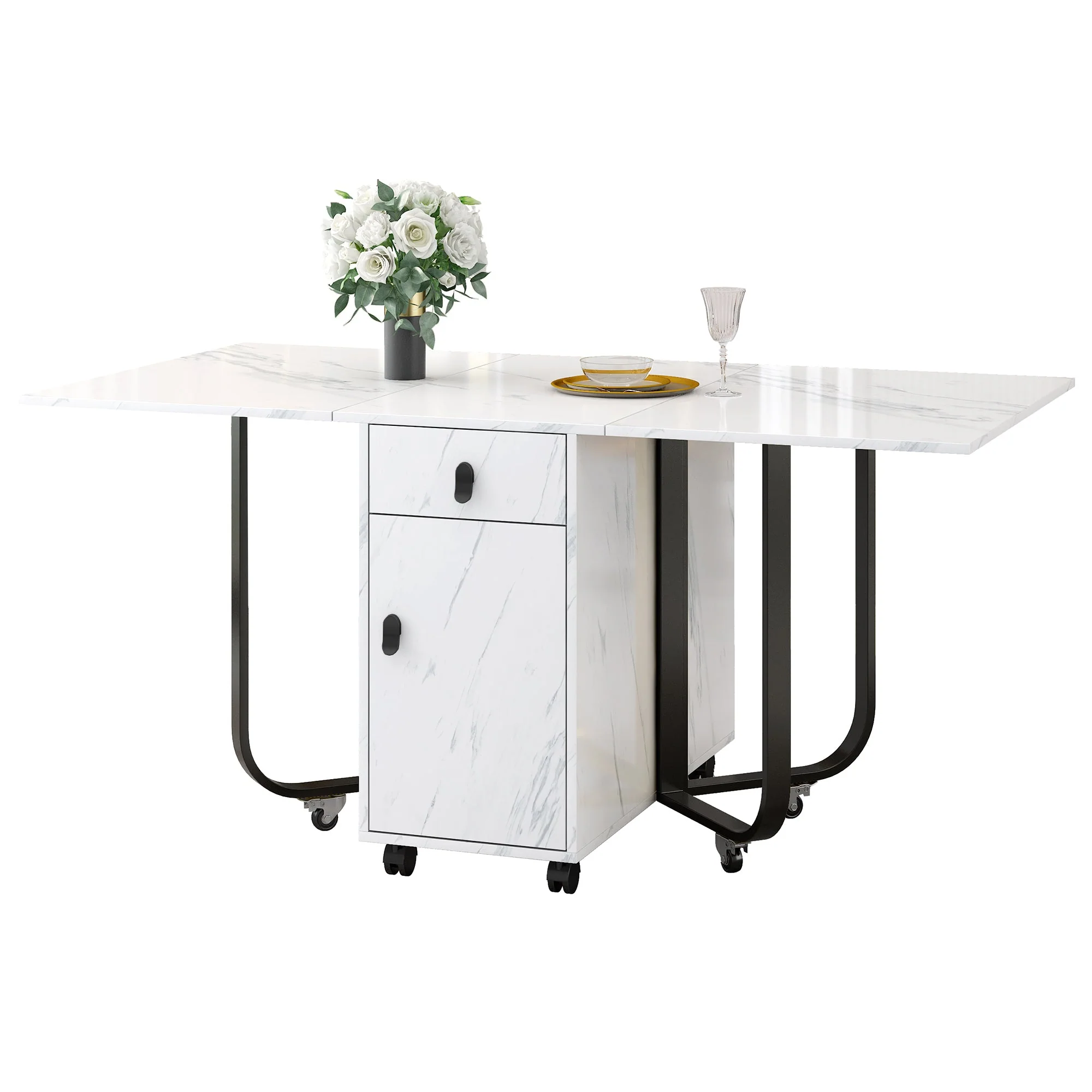 Folding Dining Table, Space-Saving with Cabinet and 2 Drawers, White/Black - Image 4
