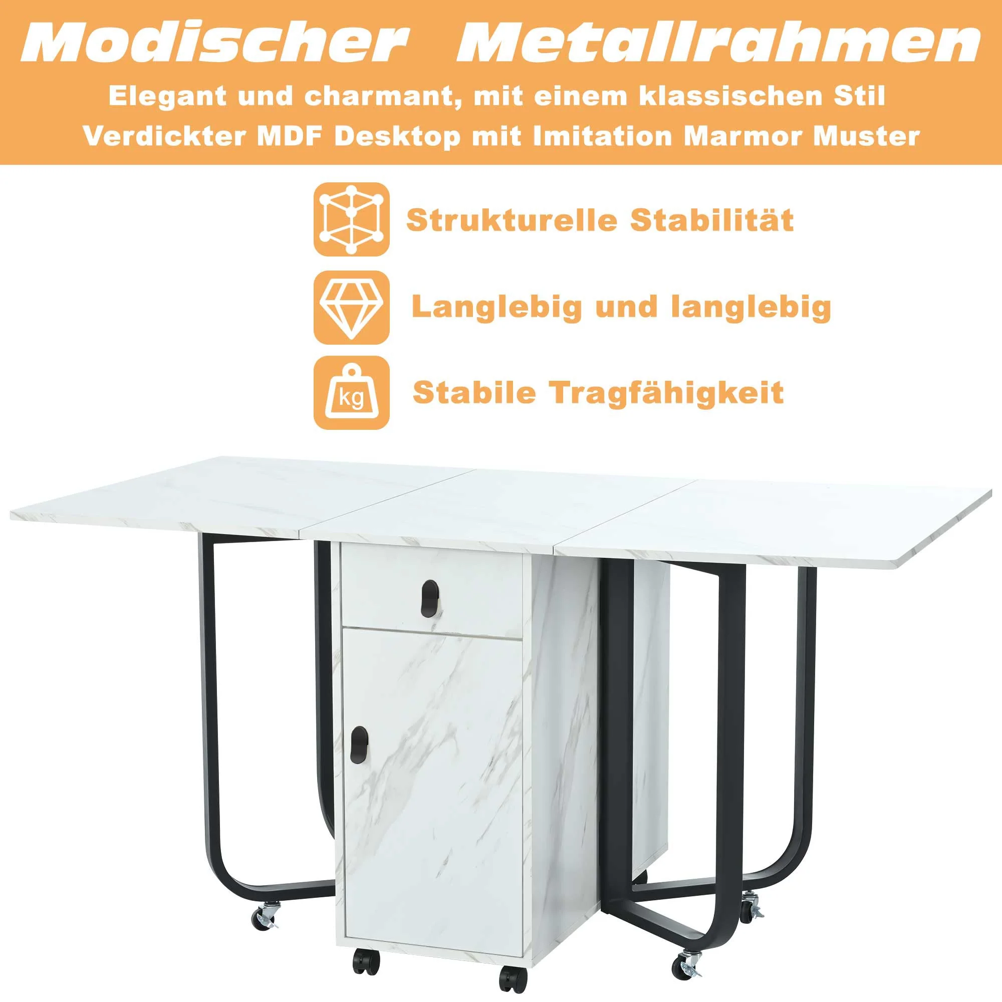 Folding Dining Table, Space-Saving with Cabinet and 2 Drawers, White/Black - Image 8