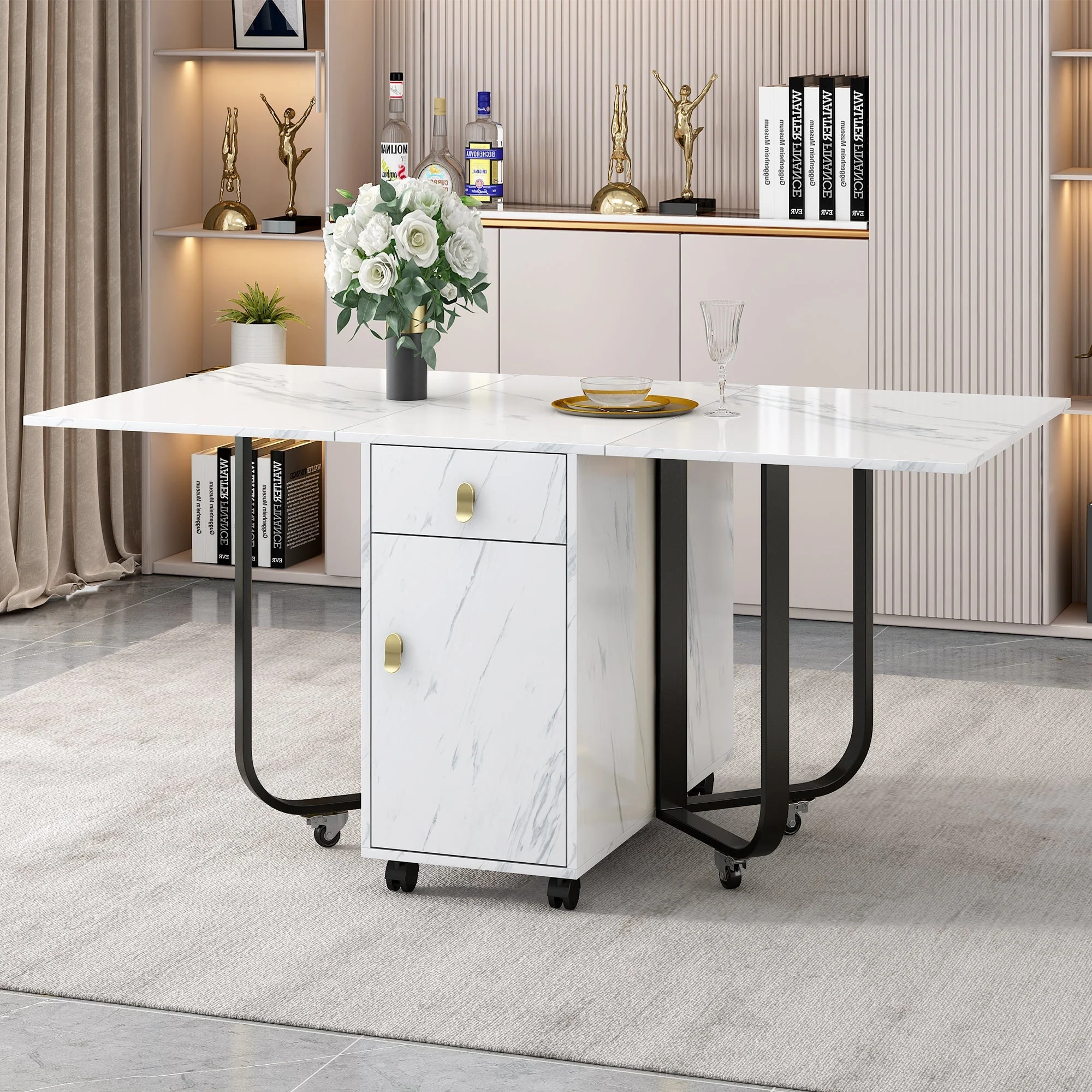 Folding Dining Table with Cupboard, 2 Drawers & Gliders, White/Black