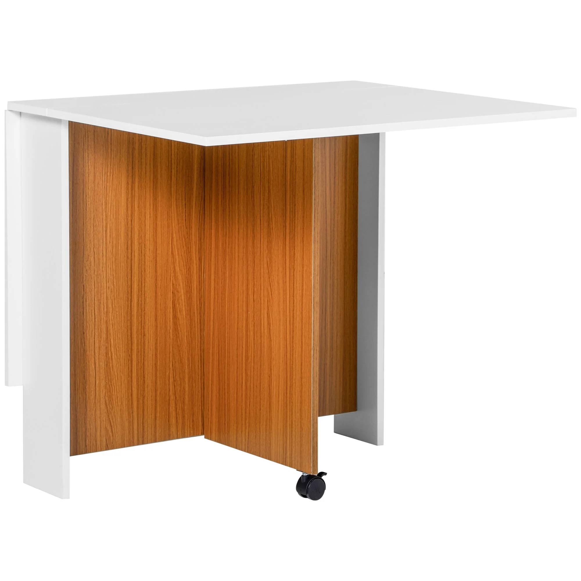 Folding Dining Table Writing Desk Workstation with Casters, Teak/White - Image 2