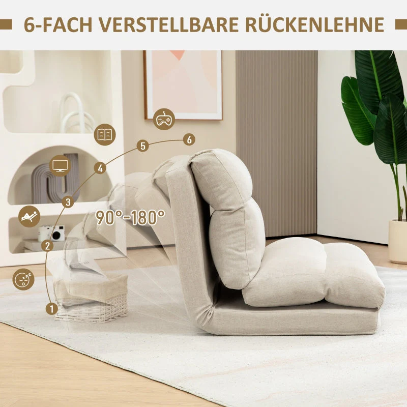 Folding Floor Chair, 6-Level Adjustable, Thick Padding, Bed Function, Beige Linen - Image 5