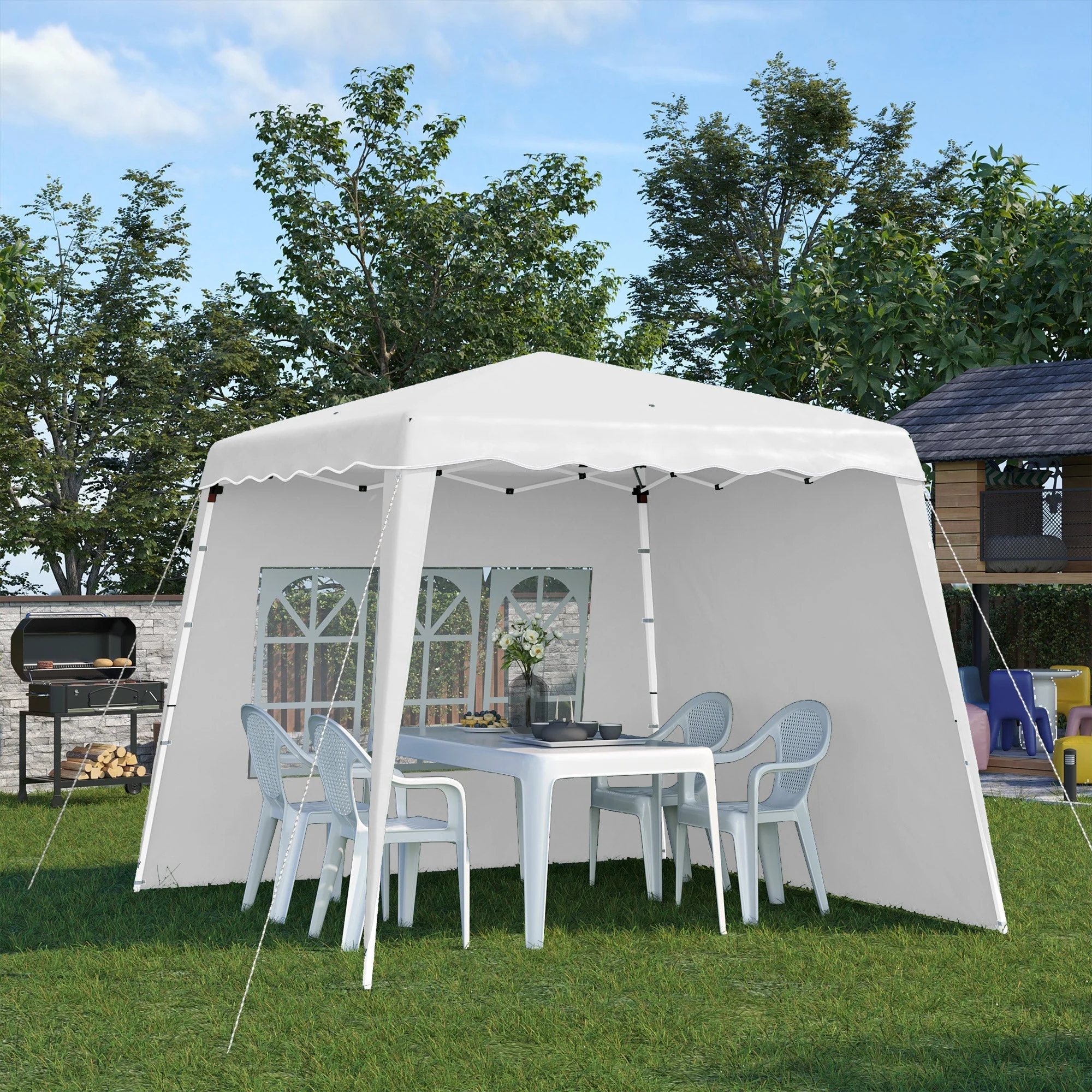 Folding Gazebo, 2.4 x 2.4m, Side Wall, Height-Adjustable, UV Protection, White - Image 2