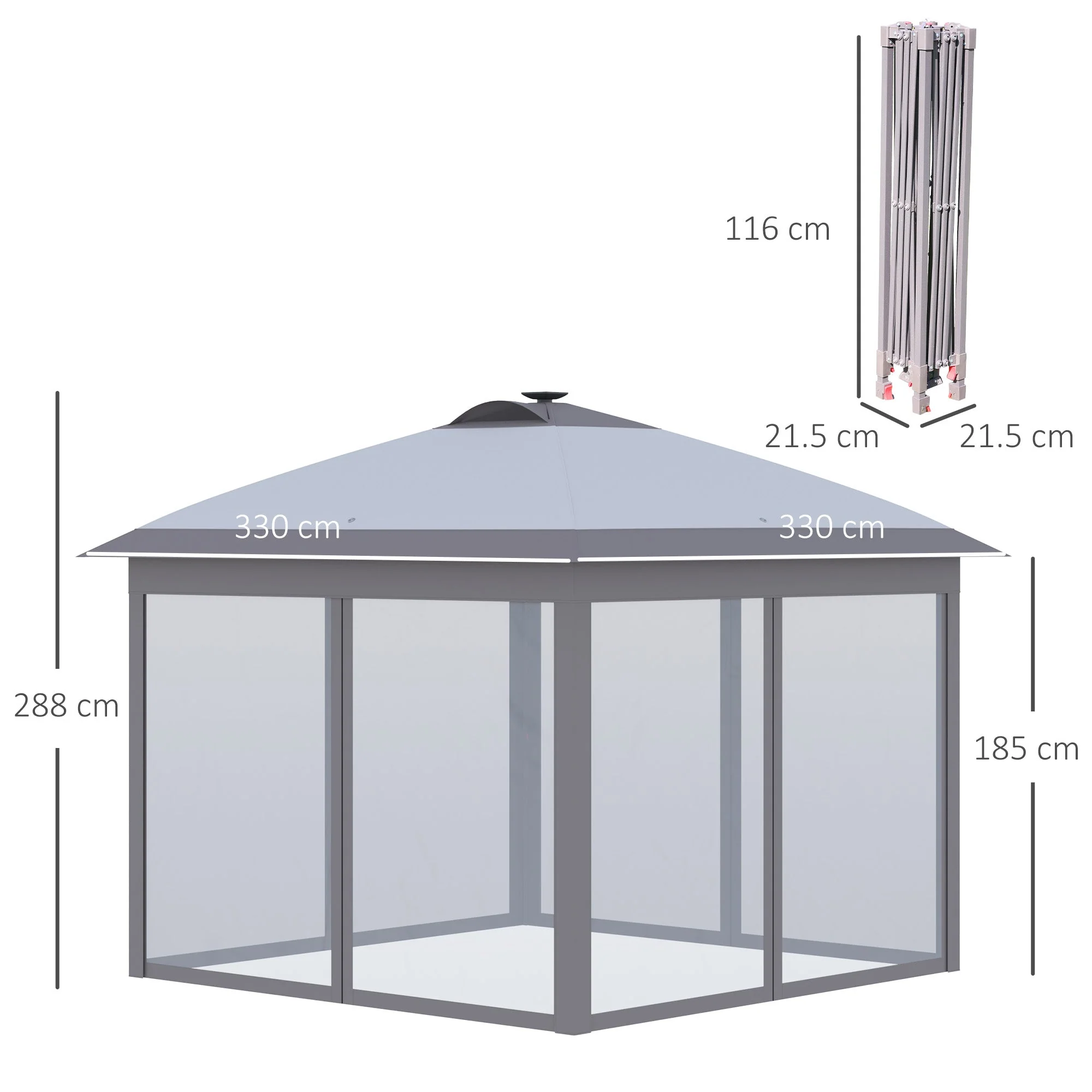 Folding Gazebo 3.3x3.3m Pop-Up LED USB Mesh Side Panels, Grey Oxford Fabric - Image 3