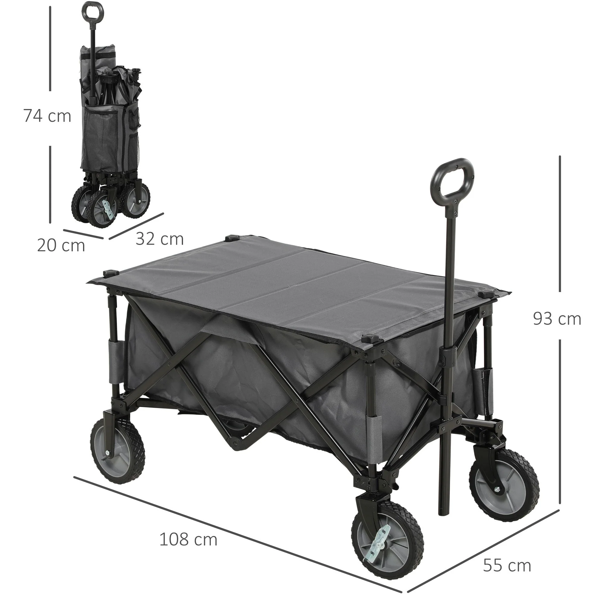 Folding Handcart, 120 kg Load, Adjustable Handle, Side Pockets & Folding Board, Dark Grey - Image 3