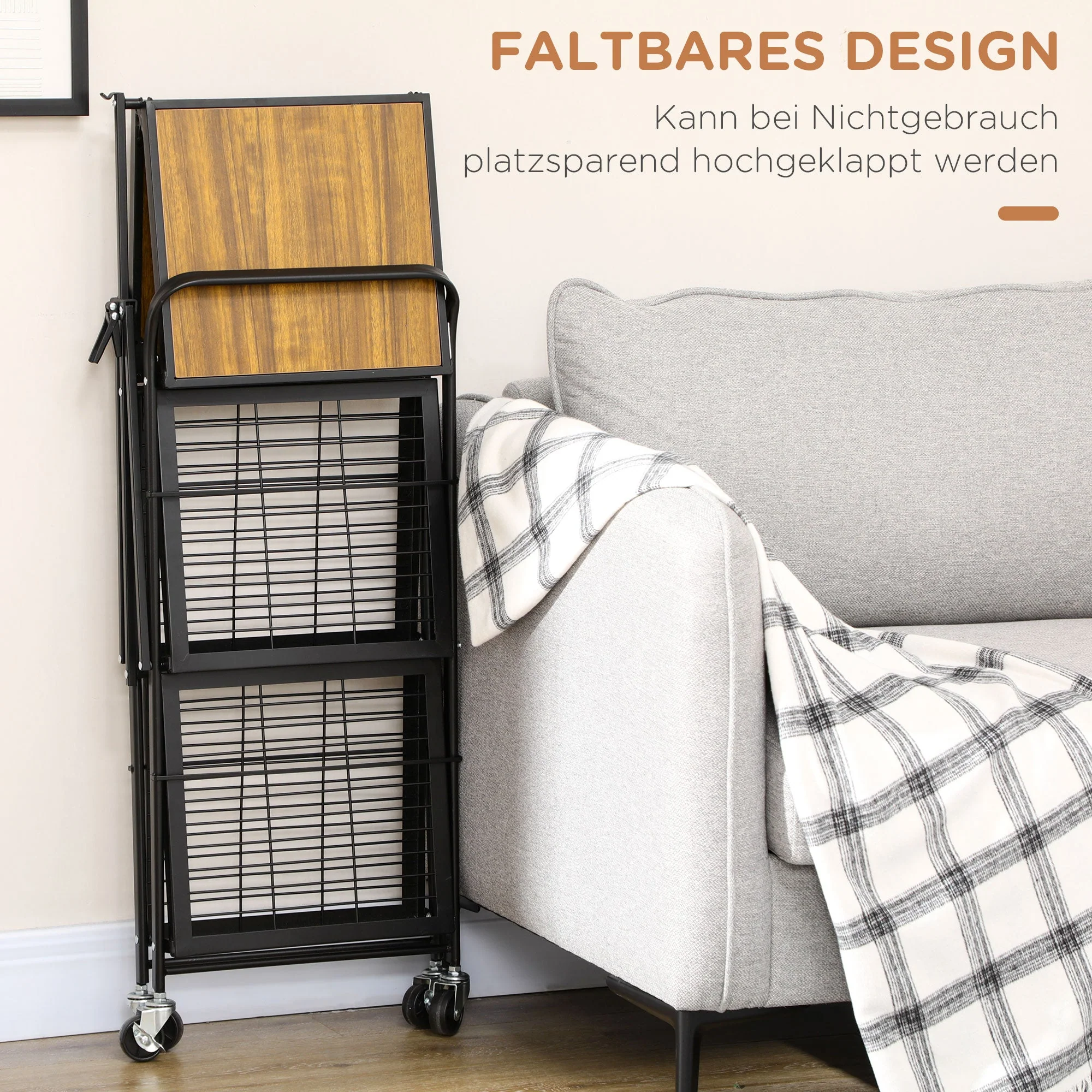 Folding Kitchen Cart, 3 Levels & Handle, Steel, Brown+Black - Image 5