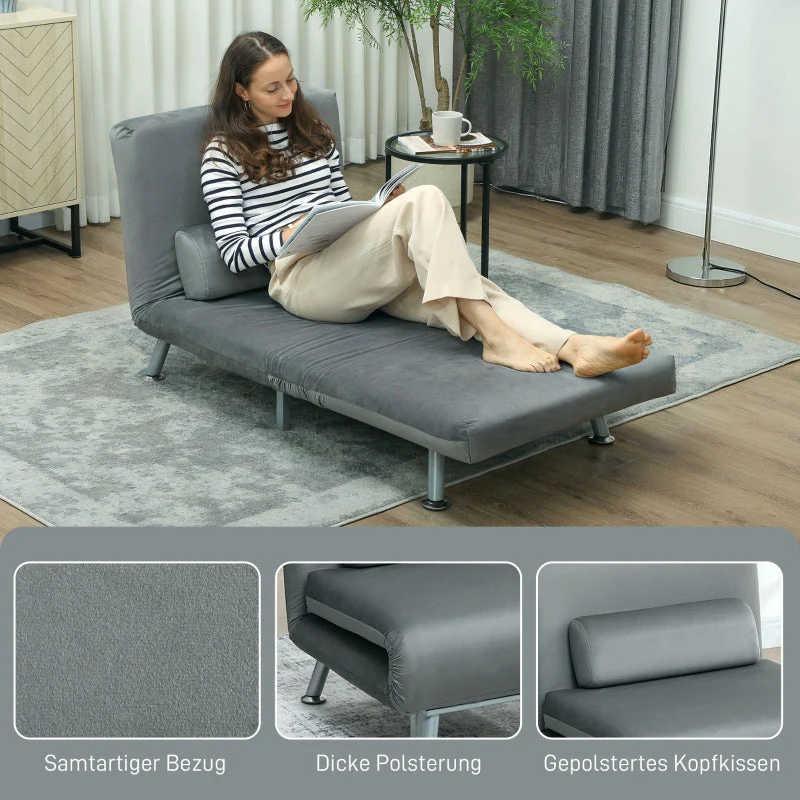 Folding Recliner Chair, Bed Function, Adjustable Backrest, Velvet, Grey - Image 6