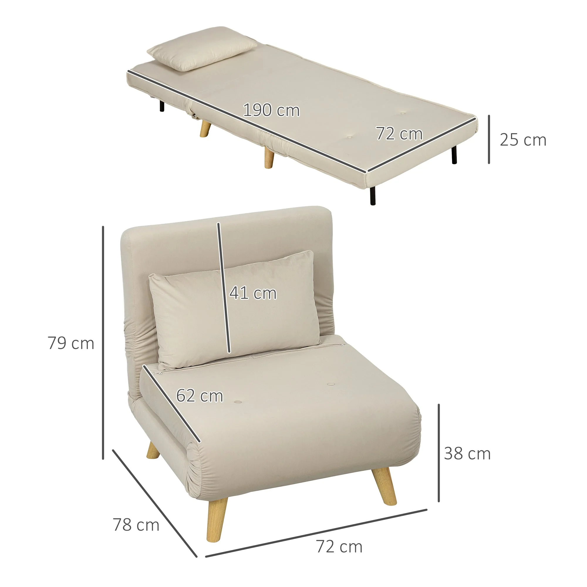 Folding Recliner Chair, Bed Function Adjustable Backrest, Velvet Look Beige - Image 3