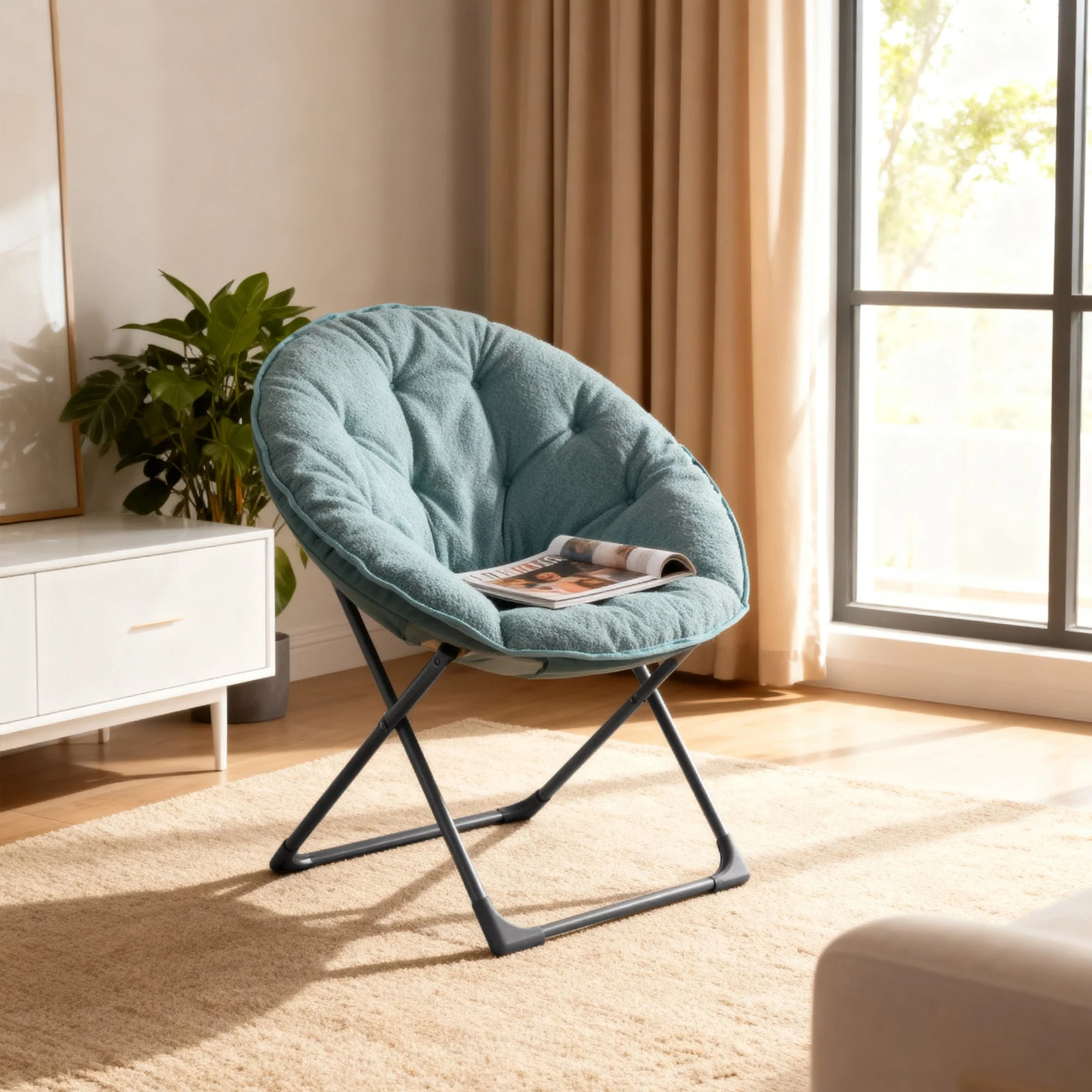 Folding Saucer Moon Chair Portable Soft - Sheep's Wool Blue - Image 2