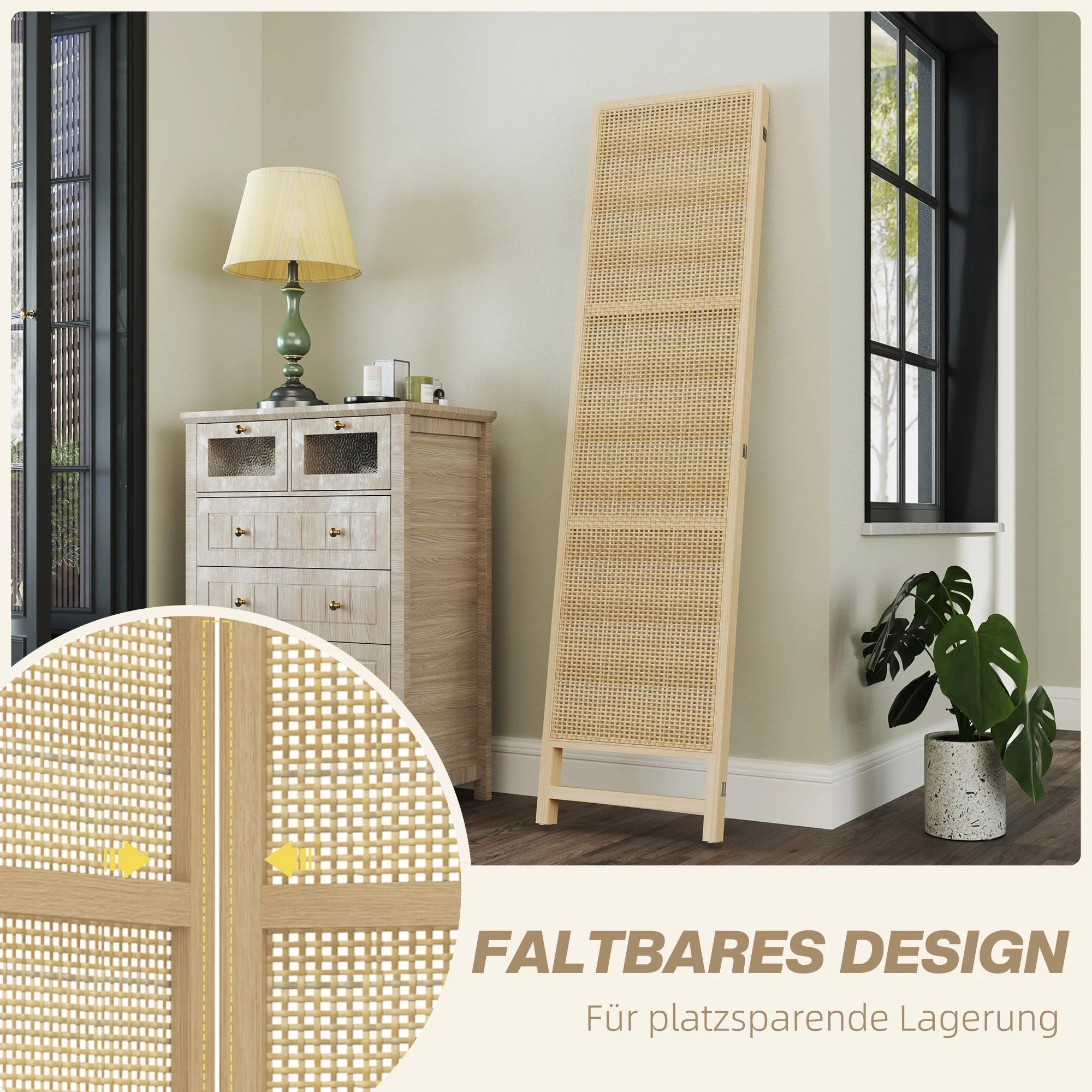 Folding Screen 3-Part Room Divider PP Rattan, Natural - Image 4