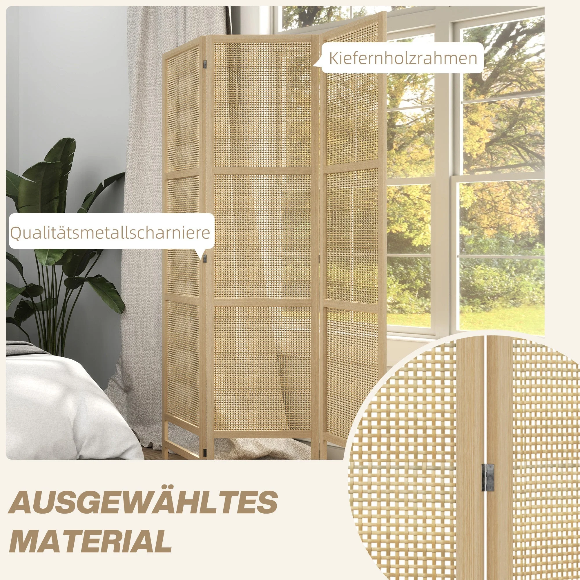 Folding Screen 3-Part Room Divider PP Rattan, Natural - Image 6