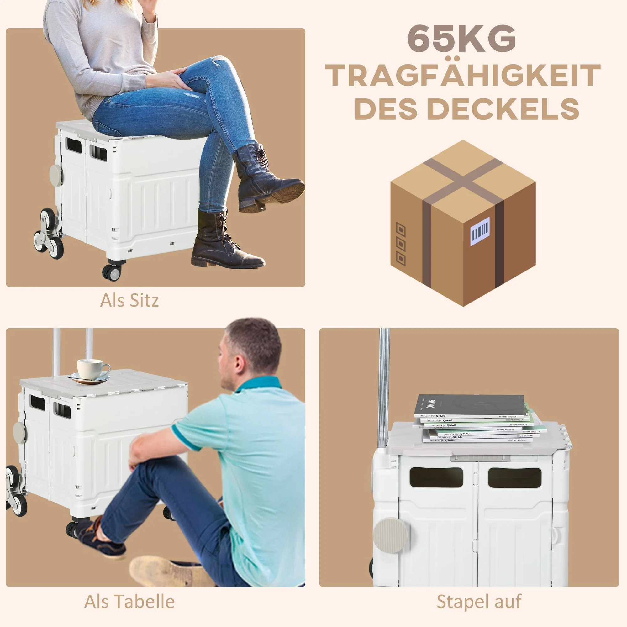 Folding Shopping Trolley, Adjustable Telescopic Handle, Stair Climber 80 kg, with Lid, White - Image 6
