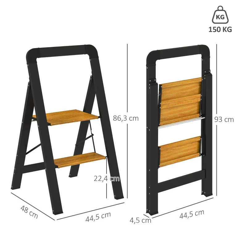 Folding Stepladder 2-Step, Handle, Non-Slip, 150 kg, Aluminium Black - Image 3